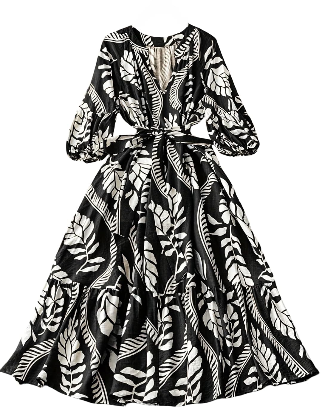 KZULLY | Dress for Women | Elegant 3/4 Sleeve | Leaf Print Cotton Dress | Flowy Tiered Hem | Belted Waist