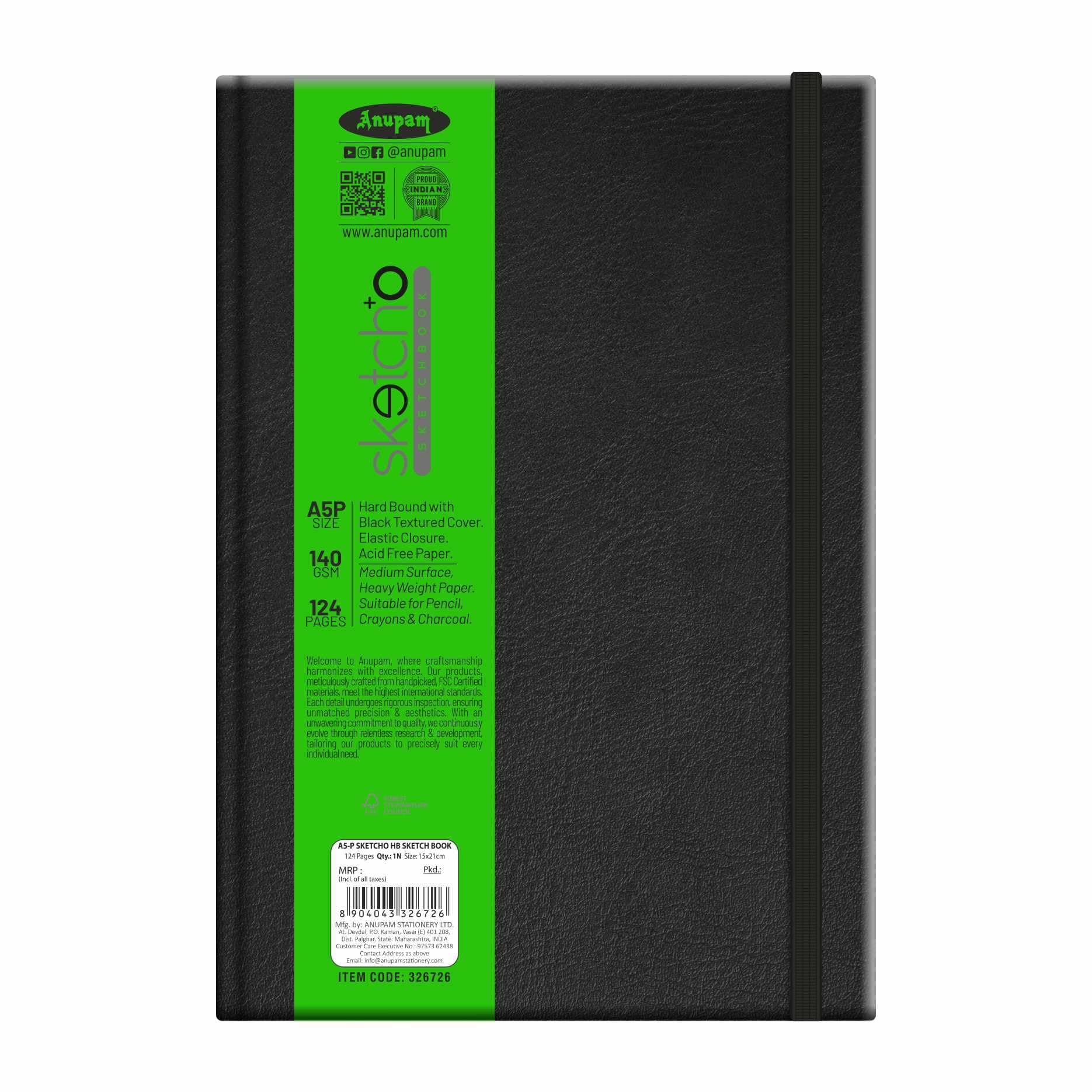 Anupam SketchO Sketchbook Hardbound, Portrait Opening 140 GSM Acid Free Natural Shade Paper (A5 Size 128 Pages)