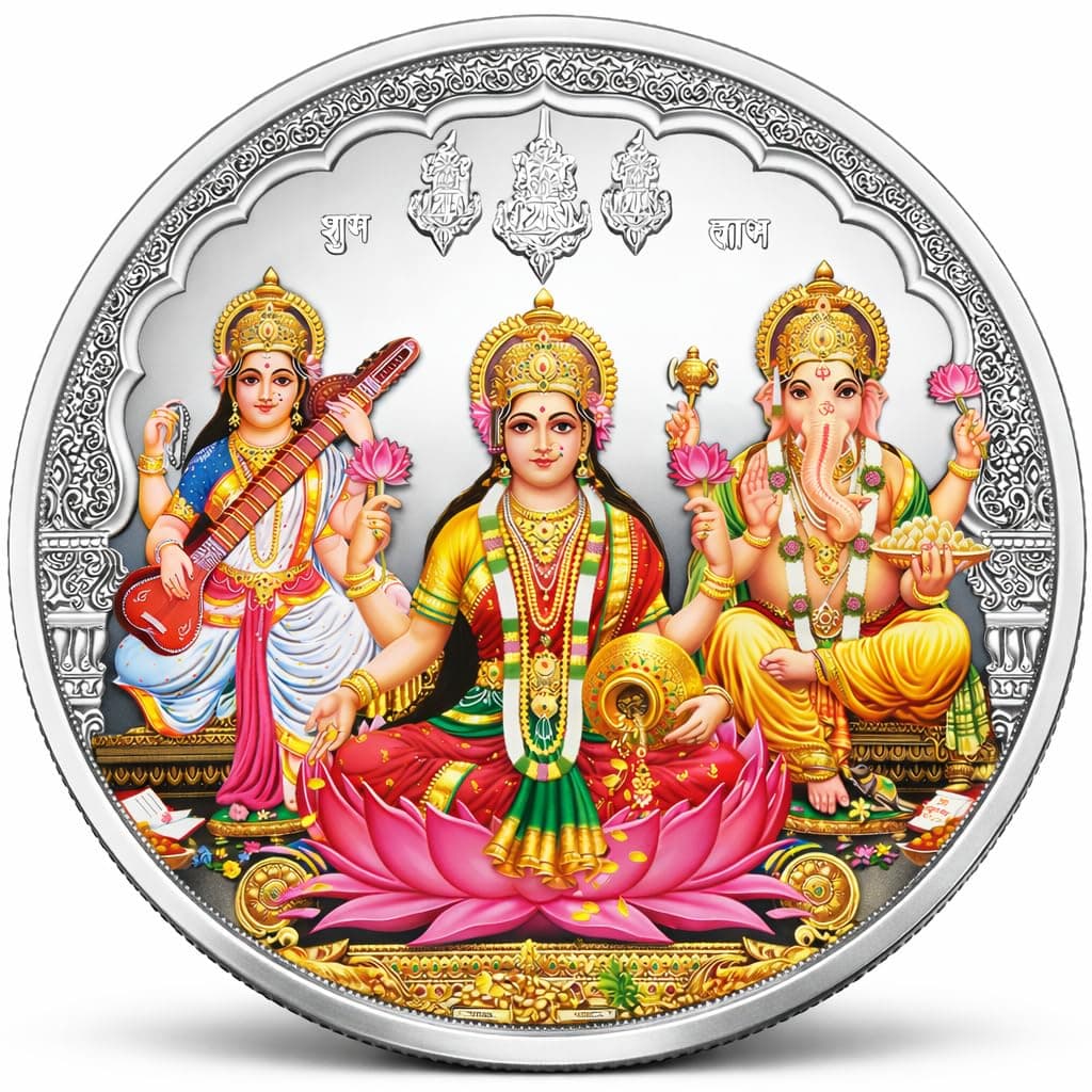 PRD CARATCAFE Colour Laxmi Ganesh Saraswati Coin 10 Gm Trimurti God For Puja BIS Hallmark 999 Silver
