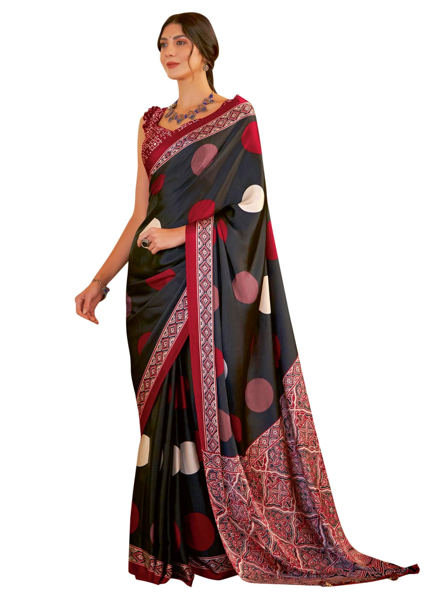 SAREE MALL Women's Ajrkh Print Satin Crepe Polka Dot Printed Saree With Unstitched Blouse Piece