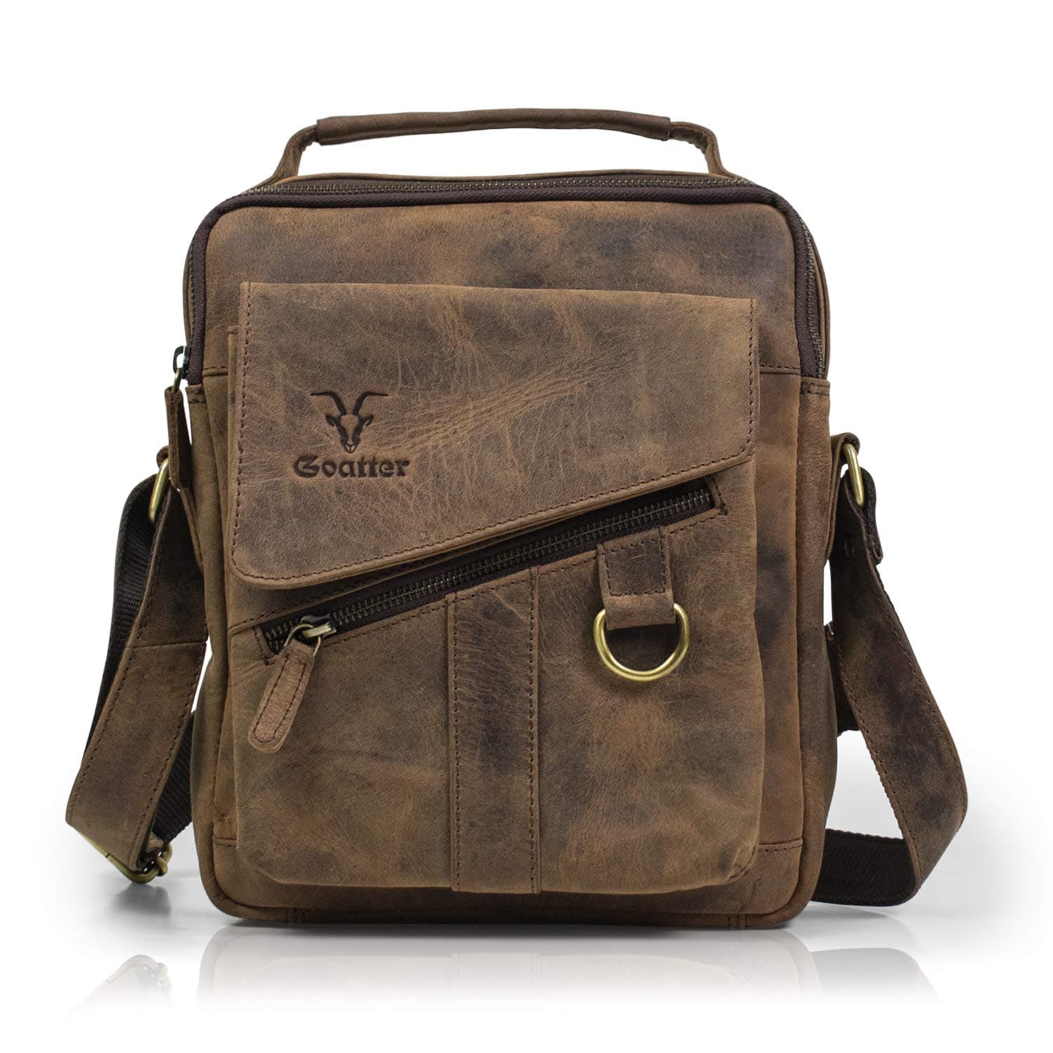 Goatter Men's Hunter Leather 11”Inch Messenger Bags, (Dark Brown)