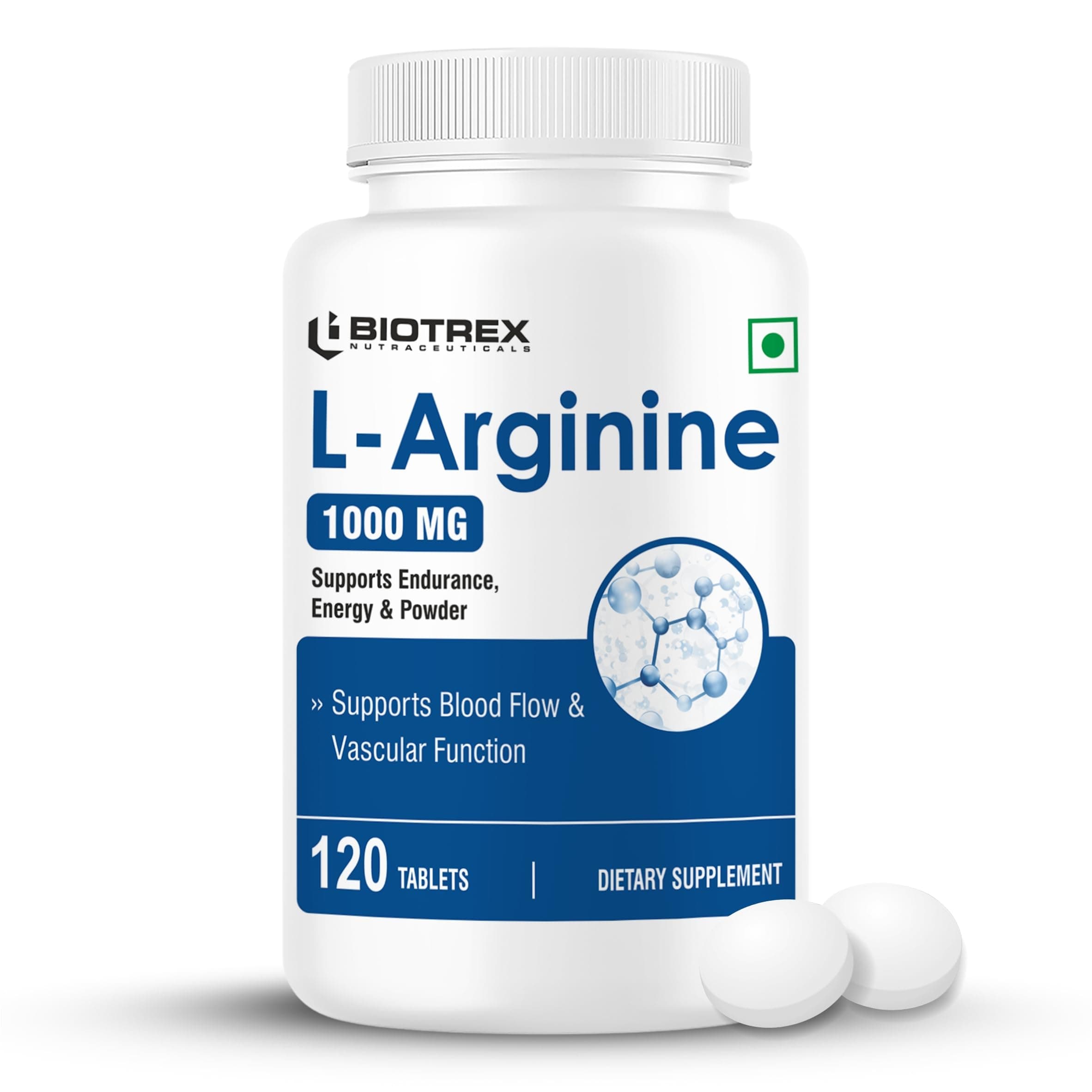 Biotrex Nutraceuticals L-Arginine 1000mg Supplement | Nitric Oxide Booster & Muscle Growth | Blood Flow & Heart Health | Pre Workout | Non-GMO | 120 Tablets
