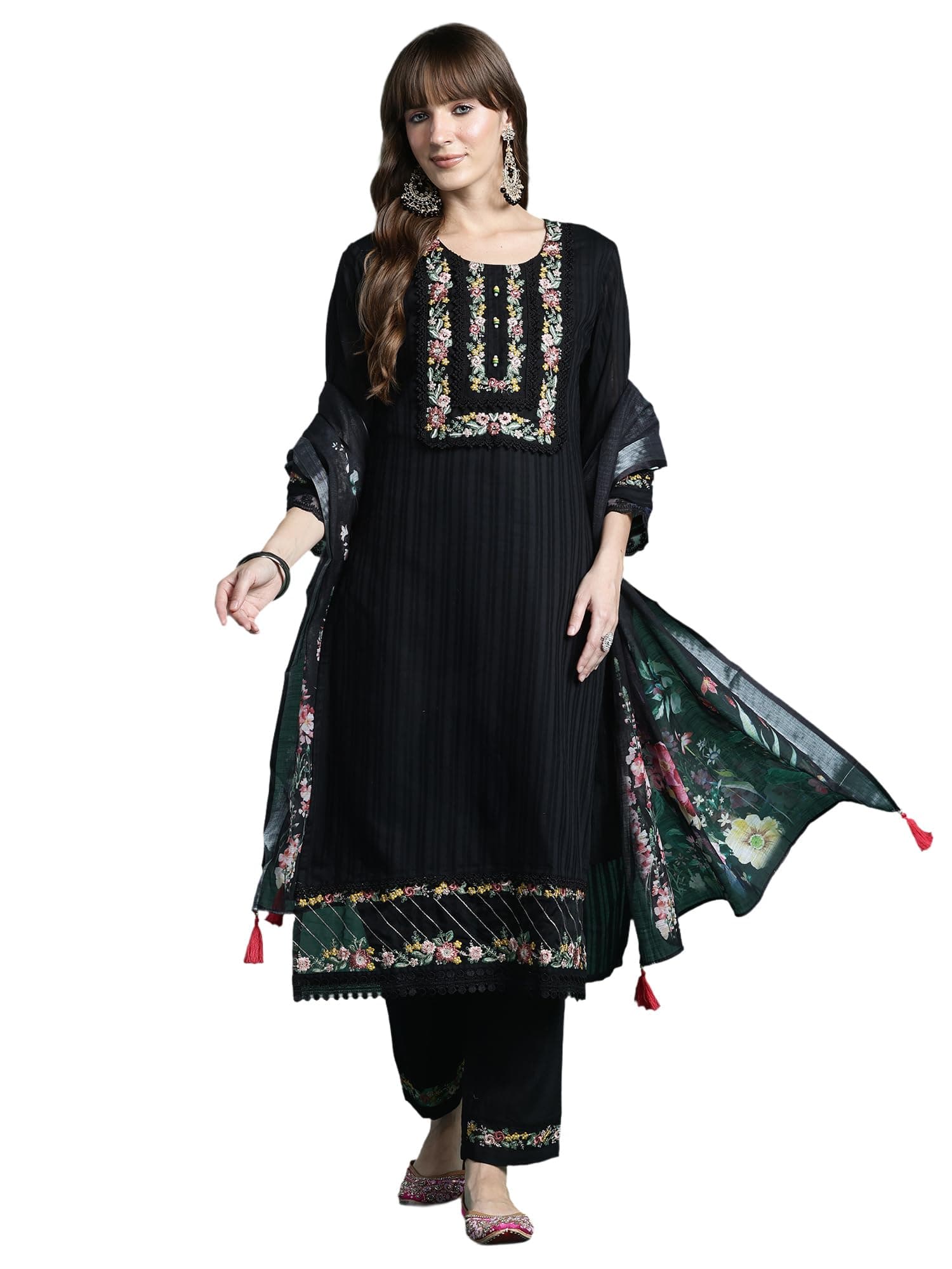 INDO ERA Women's Linen Straight Floral Embroidered Inches Kurta With Pant with Dupatta Set (KH9GN9908)