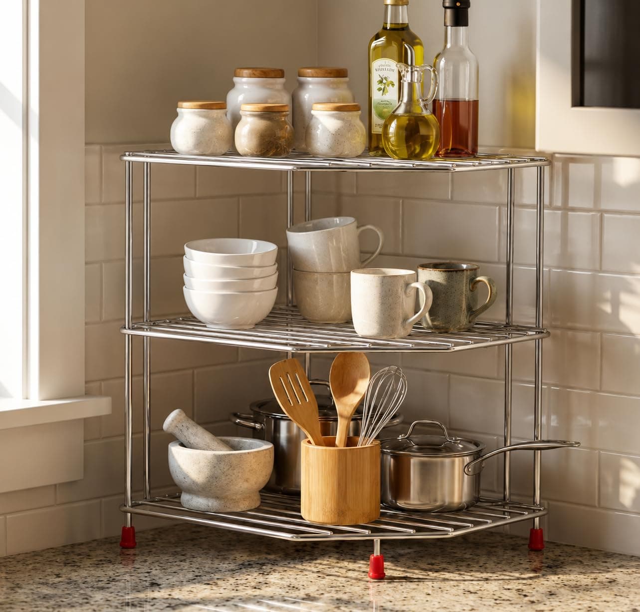 GM90 Stainless Steel 3 Tier Kitchen Storage Rack | Heavy Duty Rustproof Kitchen Organizer Shelf | Multipurpose Countertop Storage Stand for Plates, Bowls, Cups, Spice Jars & Kitchen Accessories