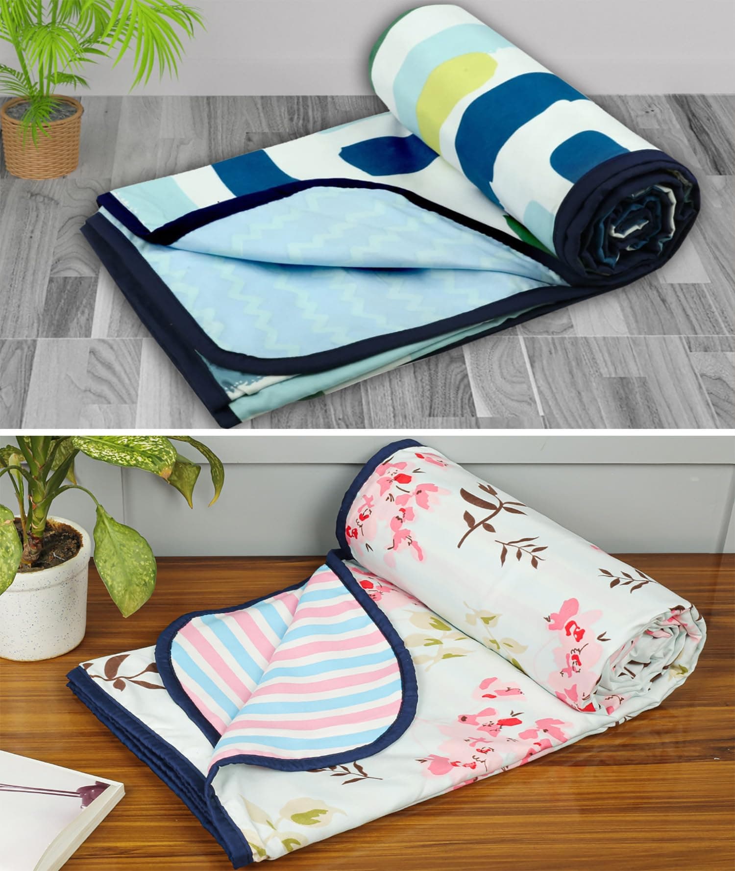 BSB HOME Pure Cotton 120 GSM Reversible Soft Lightweight Printed Single Bed Blanket/AC Dohar/Skin Friendly Dohar- Pack of 2 (152 x 225 cm-Light Green White & Pink)