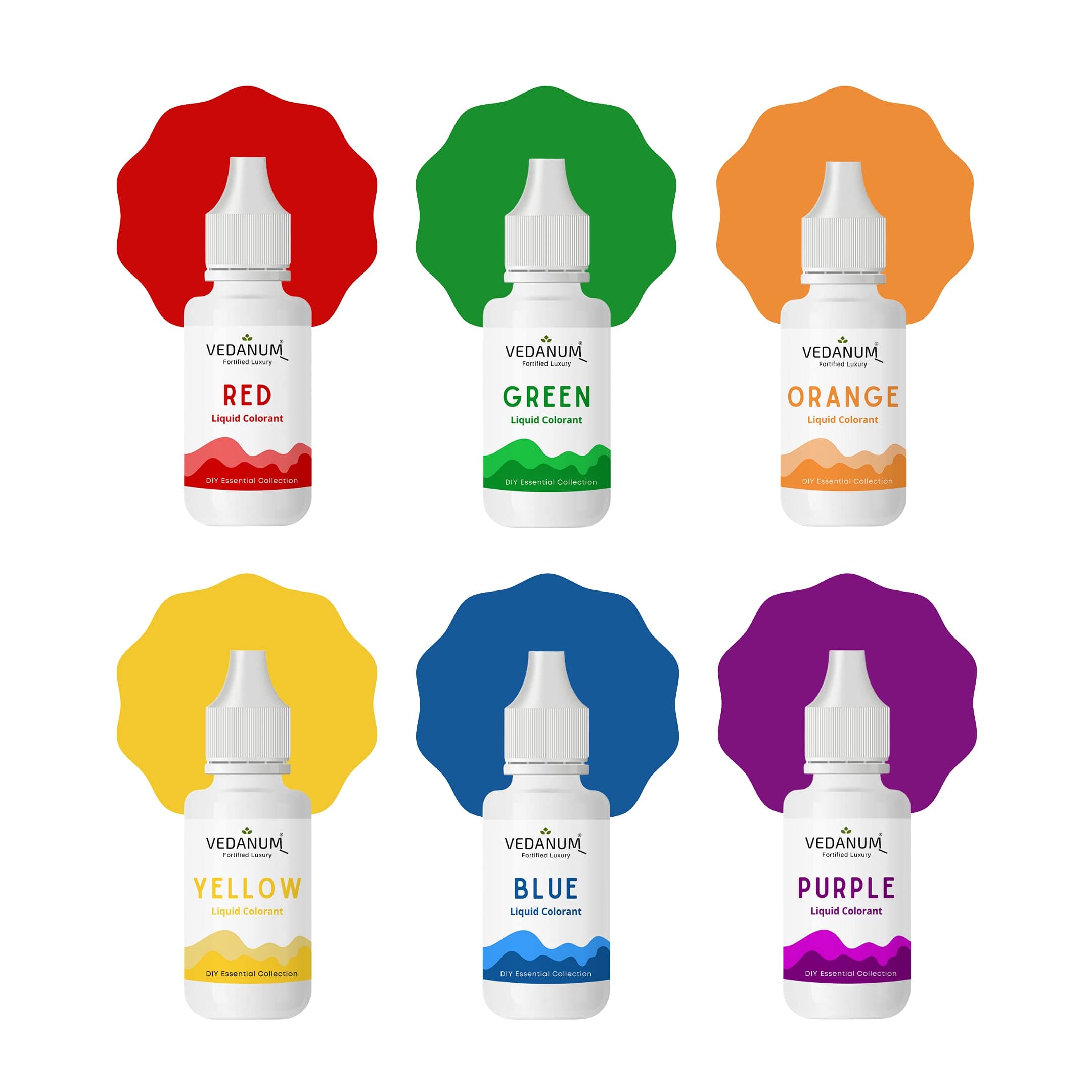 VEDANUM DIY Premium Liquid Colors for Soap Making, Non Toxic and Skin Friendly Pigments, Pack of 6 (15 ml Each) Red, Green, Orange, Yellow, Blue, Purple