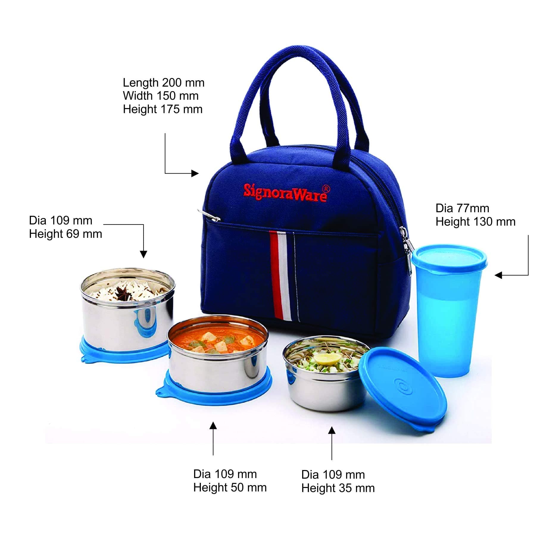 Signoraware Stainless Steel Stylish Steel Lunch Box with Tumbler (Blue) - Set of 4