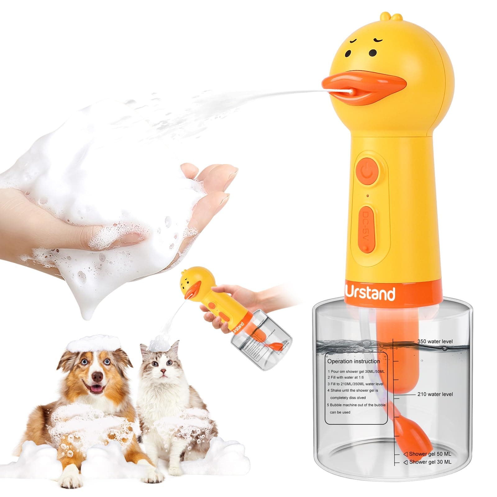 Urstand Dog Foaming Soap Dispenser, Automatic Electric Dog Shampoo Foamer Sprayer, Rechargeable Ducky Foaming Dog Shampoo Sprayer for Dog and Cat Bathing, Bathroom, Kitchen, Pet Cleaning