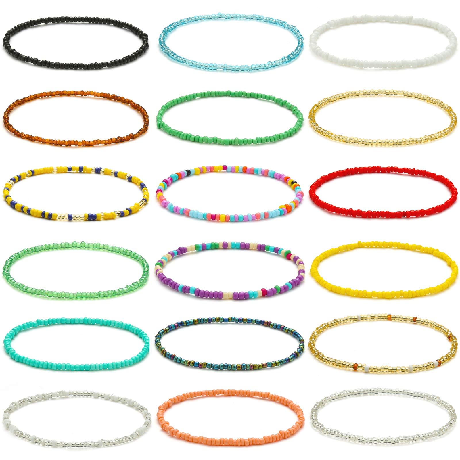 XIJIN 18 Pieces Elastic Beaded Anklets for Women Girls Handmade Beach Boho Colorful Beads Ankle Bracelets Set, 8 5 inch, Glass, no gemstone