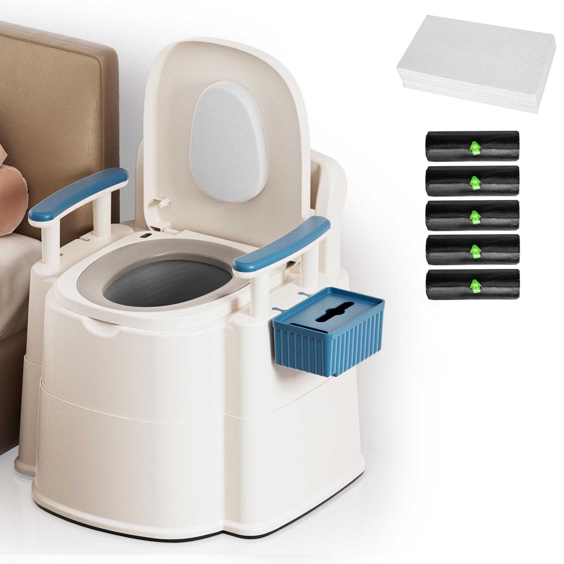 Bedside Commodes for Seniors with 100 Liners and 50 Large Absorbent Pads, Potty Chair for adults and elderly with Detachable Armrest, 16.3" Seat Width, 500lbs Heavy Duty - Bedside Toilet for Senior