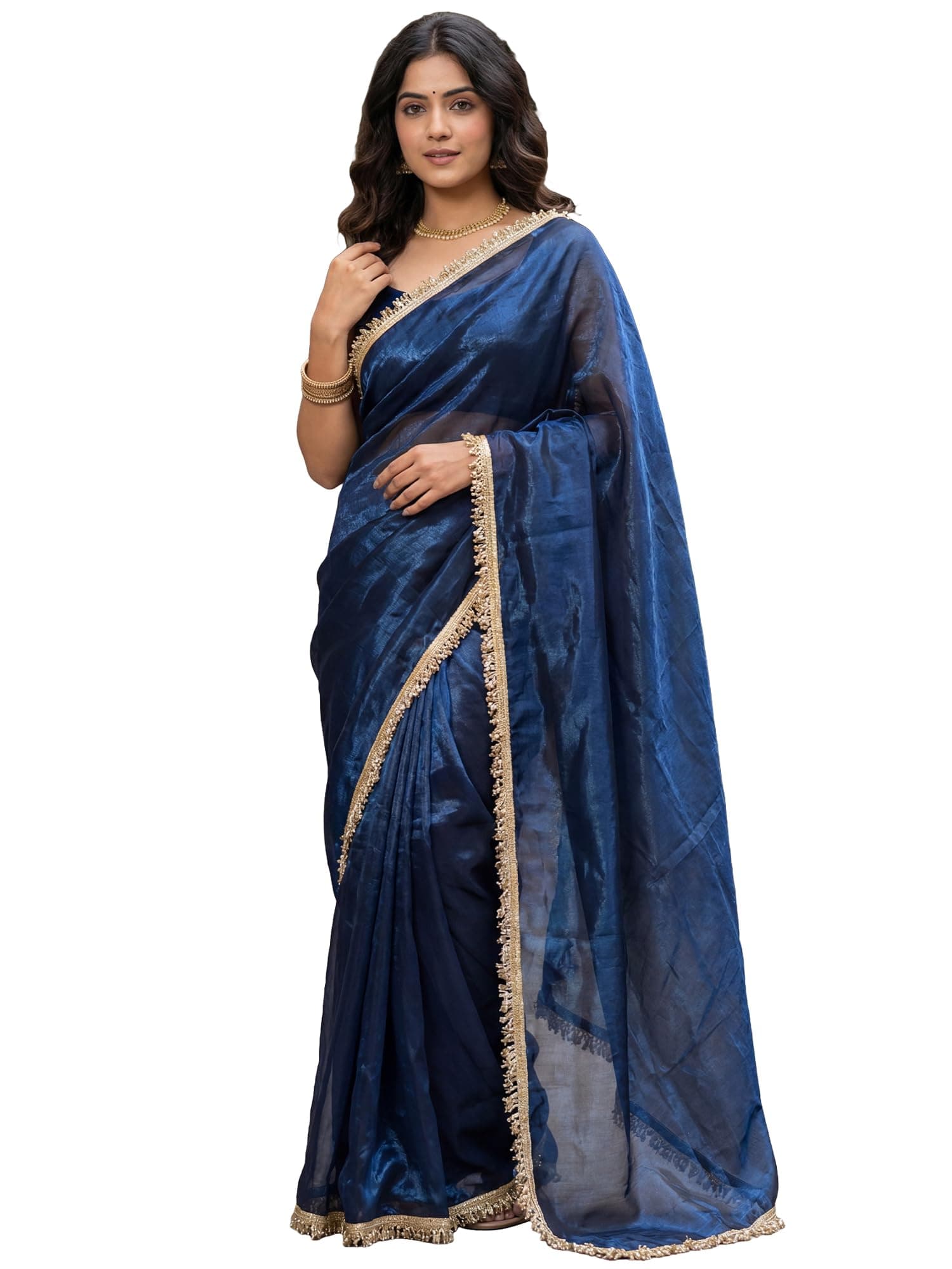 AKHILAM Women's Shimmer Net Solid Saree With Unstitched Blouse Piece