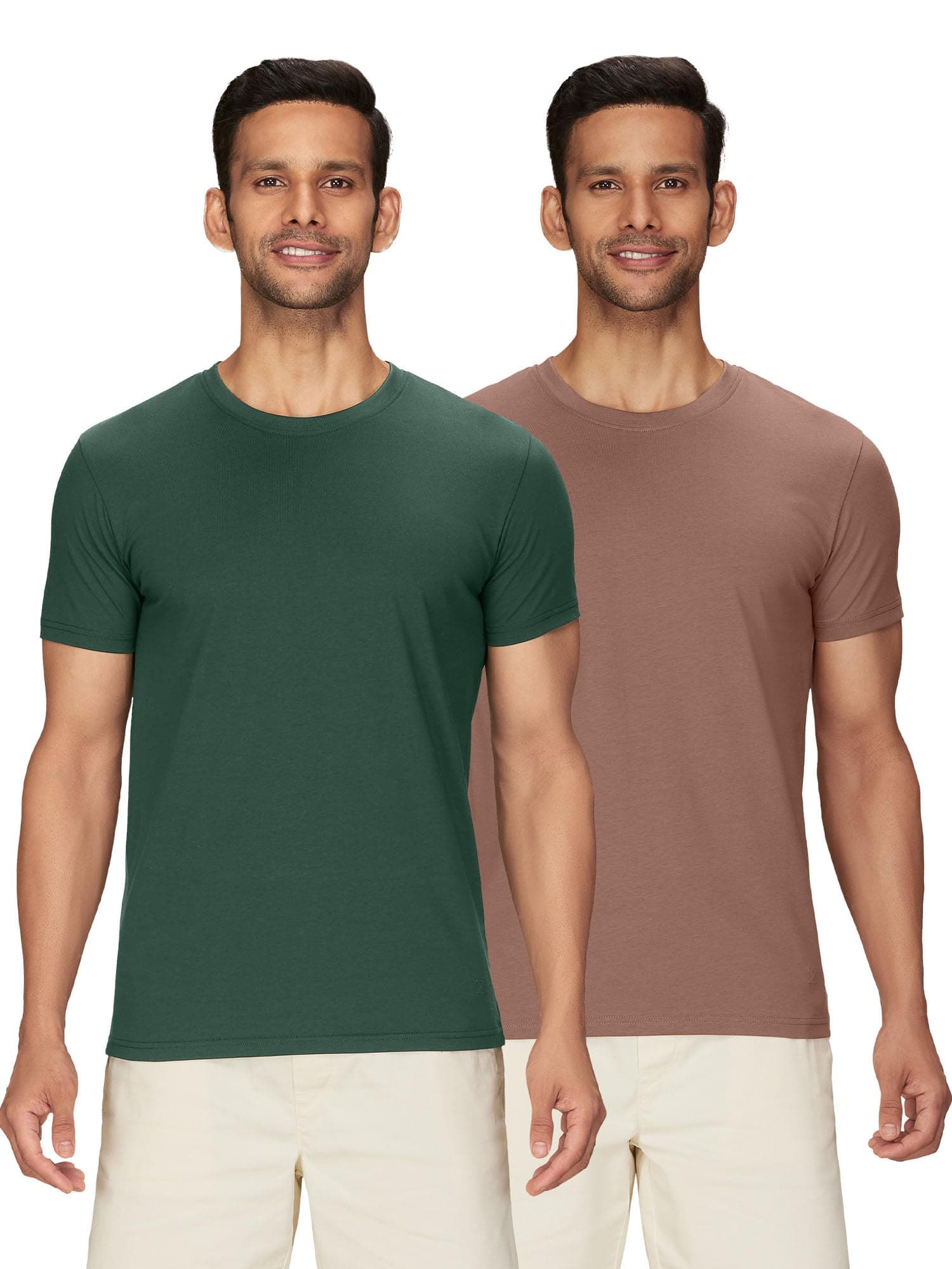 XYXX Men's Solid Regular Fit T-Shirt (XY_CR15_Tshirt_2_Pine Green+Brown Latte