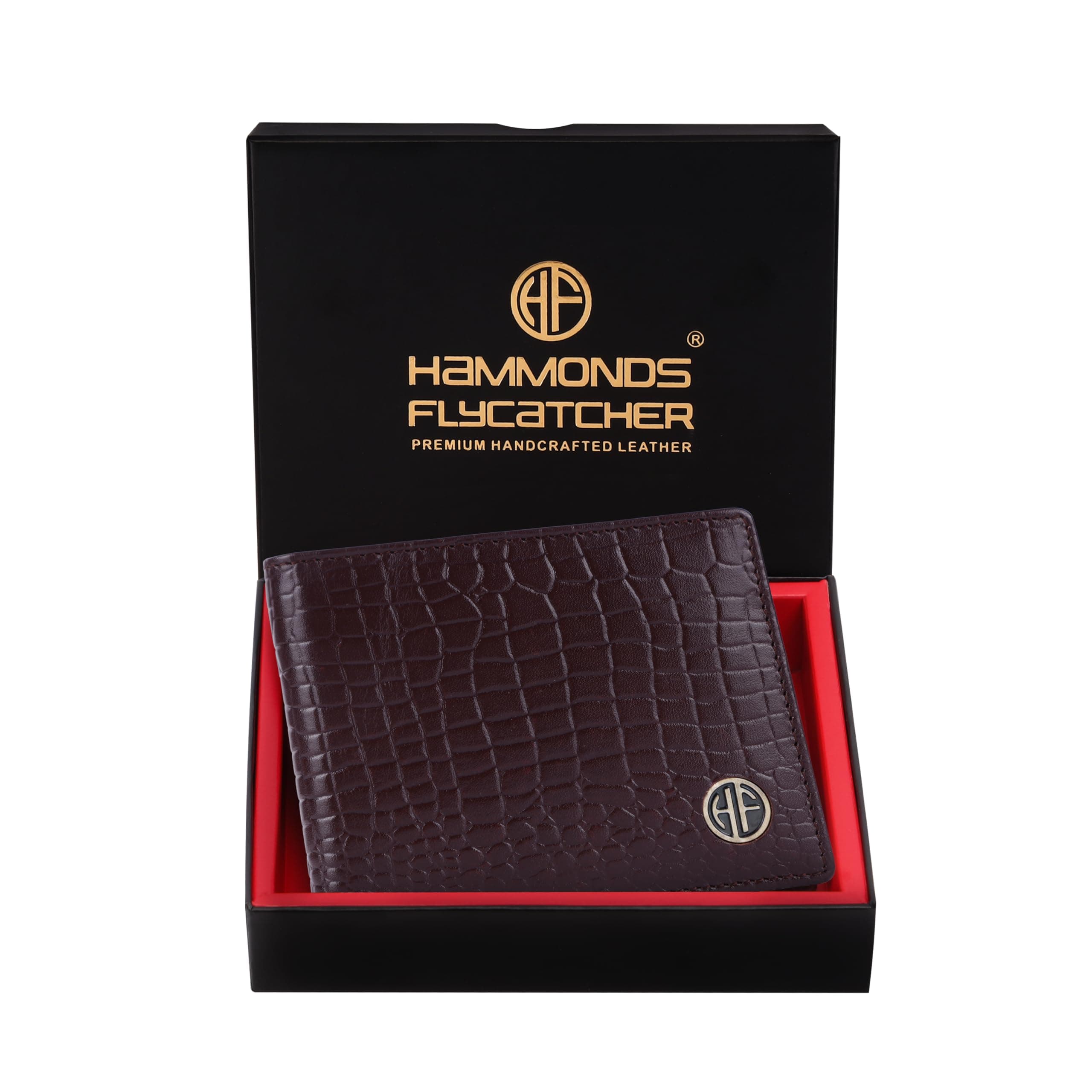 HAMMONDS FLYCATCHER RFID Protected Bi-Fold Wallet for Men Leather Original, Mens Wallet, Leather Wallets for Men, Classic Purse with 4 Card Slots, Coin Pocket, Gift for Mens - Croc Redwood Brown