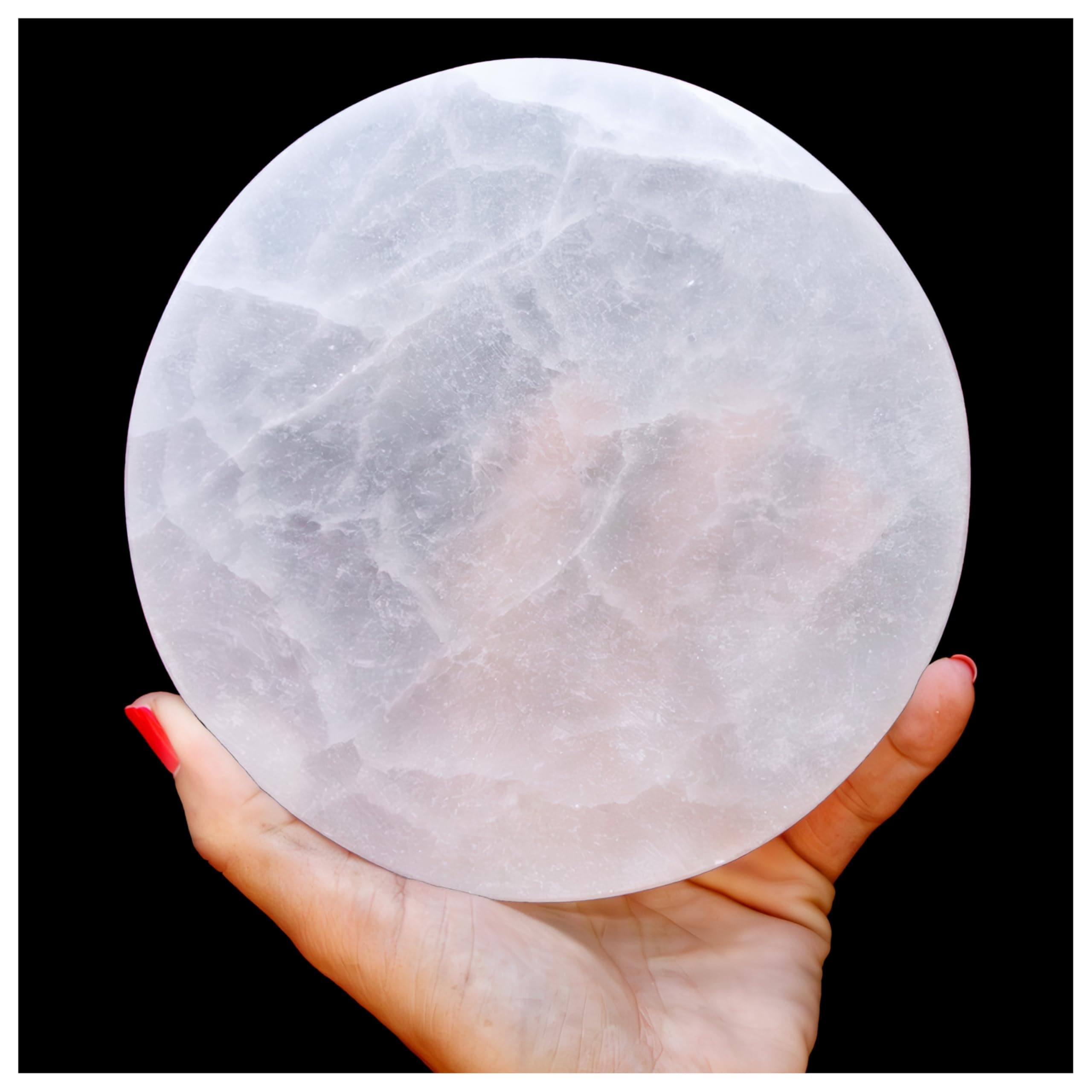 Om Zone Reiki Charged XXL 6-inch Round Moroccan Selenite Charging Plate Polished Flat Crystal Disc for Cleansing and Charging Crystals and Healing Stones