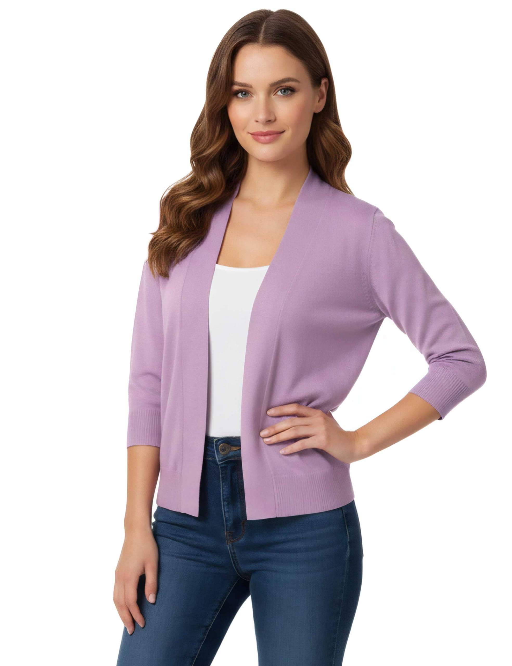 Women's 3/4 Sleeve Open Front Cropped Bolero Cardigan Shrug Sweater, Lavender, M