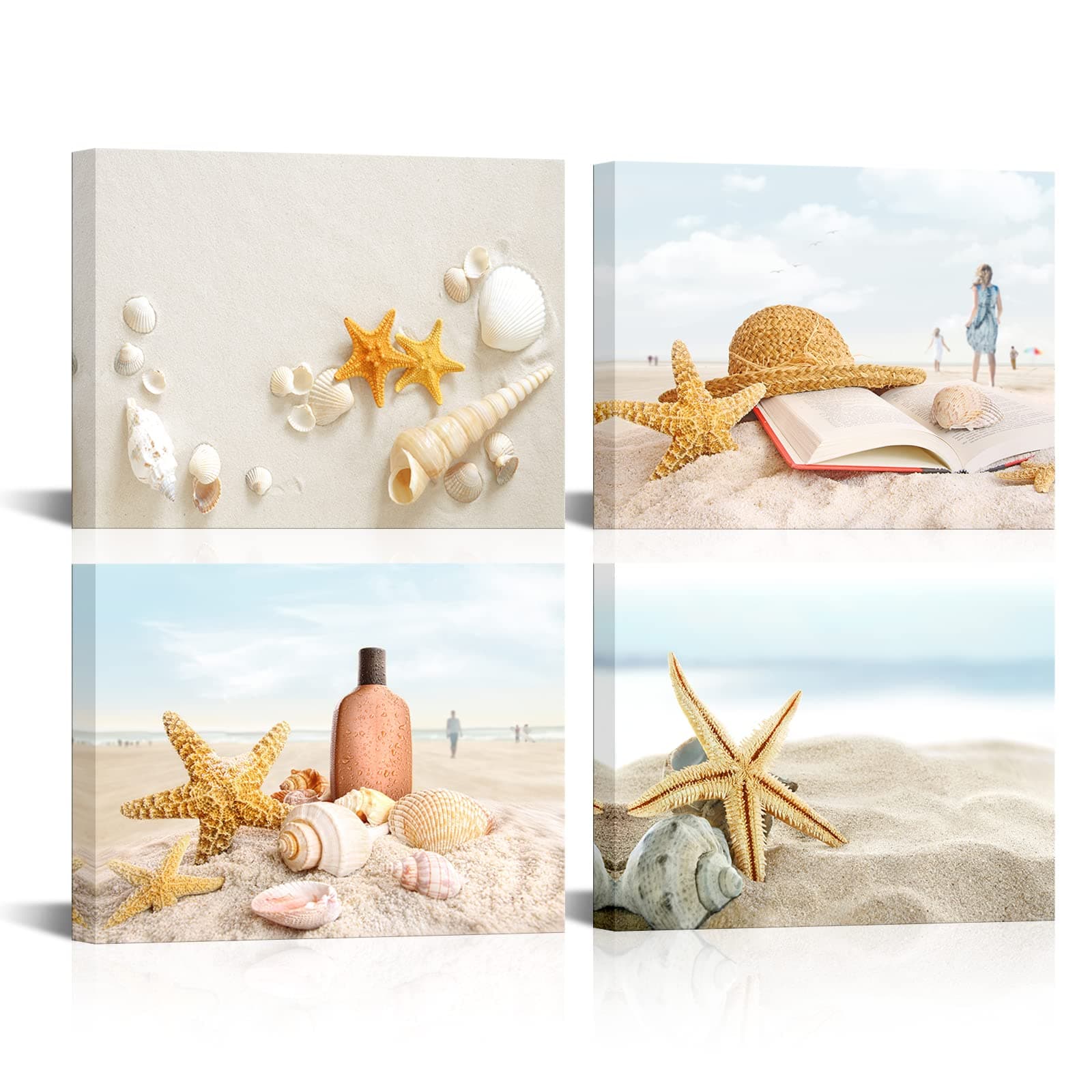 HOMEOART Ocean Coastal Beach Bathroom Wall Picture Seashell Starfish Painting Canvas Prints Framed Ready to Hang 12x16inchx4 Panel