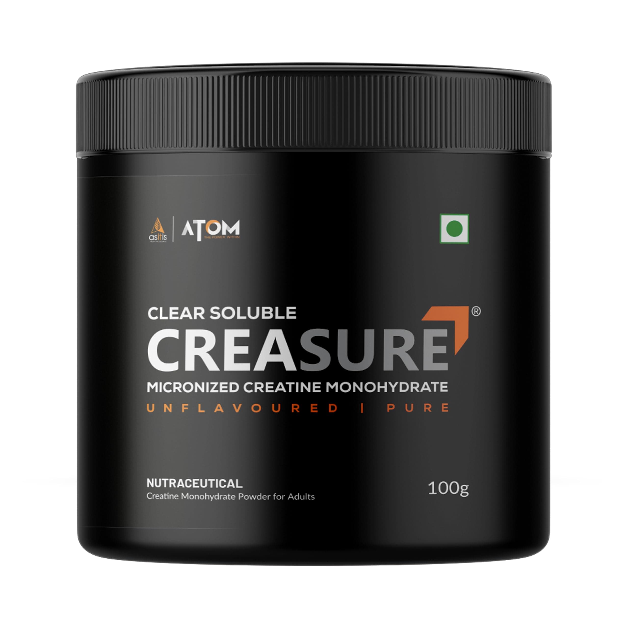 AS-IT-IS ATOM Creasure® Clear Soluble Creatine Monohydrate, Micronised & Unflavored, Fast Recovery, Rapid Absorption, Supports Lean Muscle Growth, 33 Servings