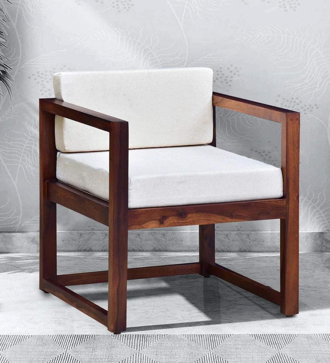 WOODSTAGE Sheesham Wood Standard Armchair Sofa Longue Chair with Cushions for Home & Office