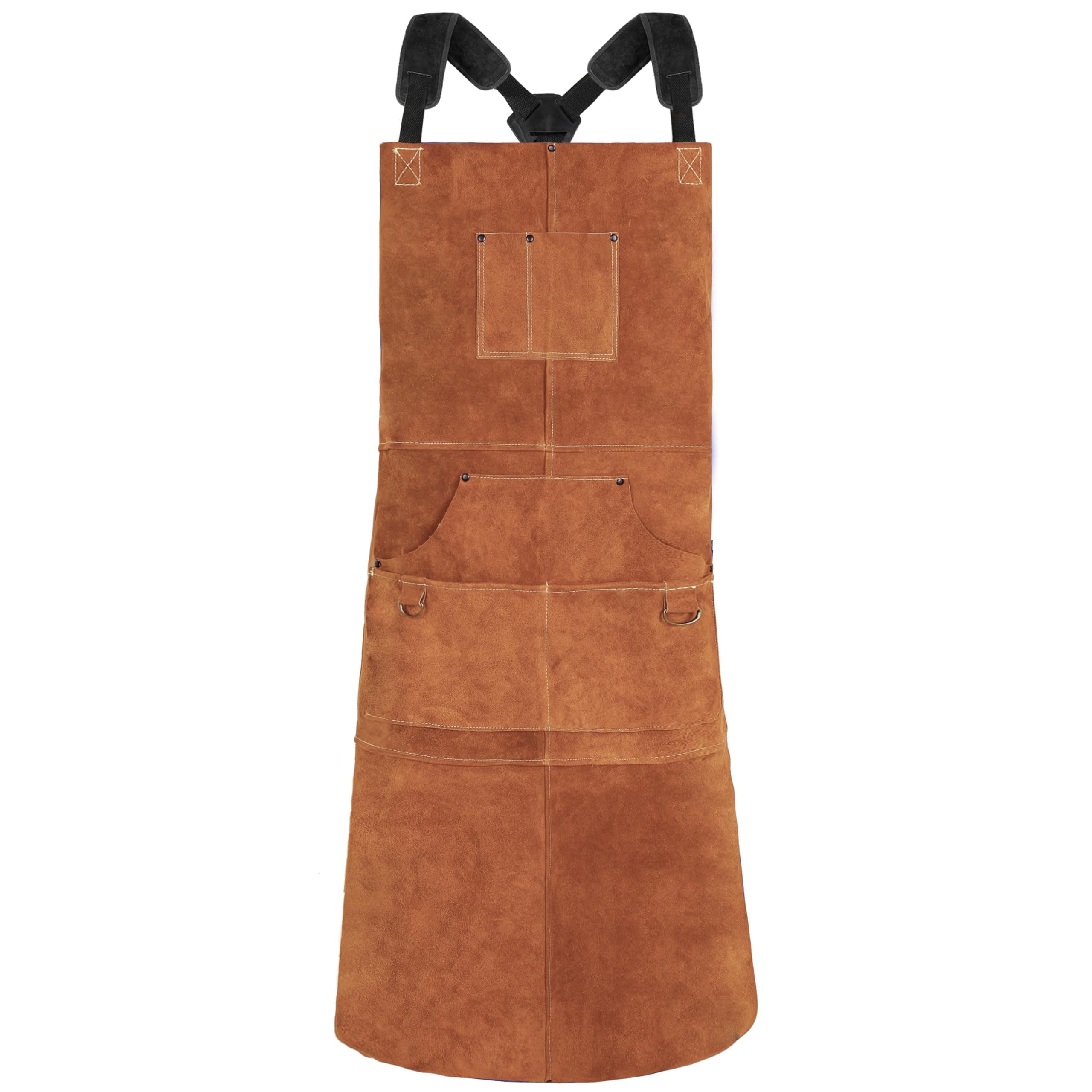 QeeLink Leather Welding Apron - Heat & Flame-Resistant Heavy Duty Work Apron with 6 Pockets, 42" Extra Large & Cross Back Extra Long Strap, Adjustable M to XXXL Aprons for Men & Women (Brown)