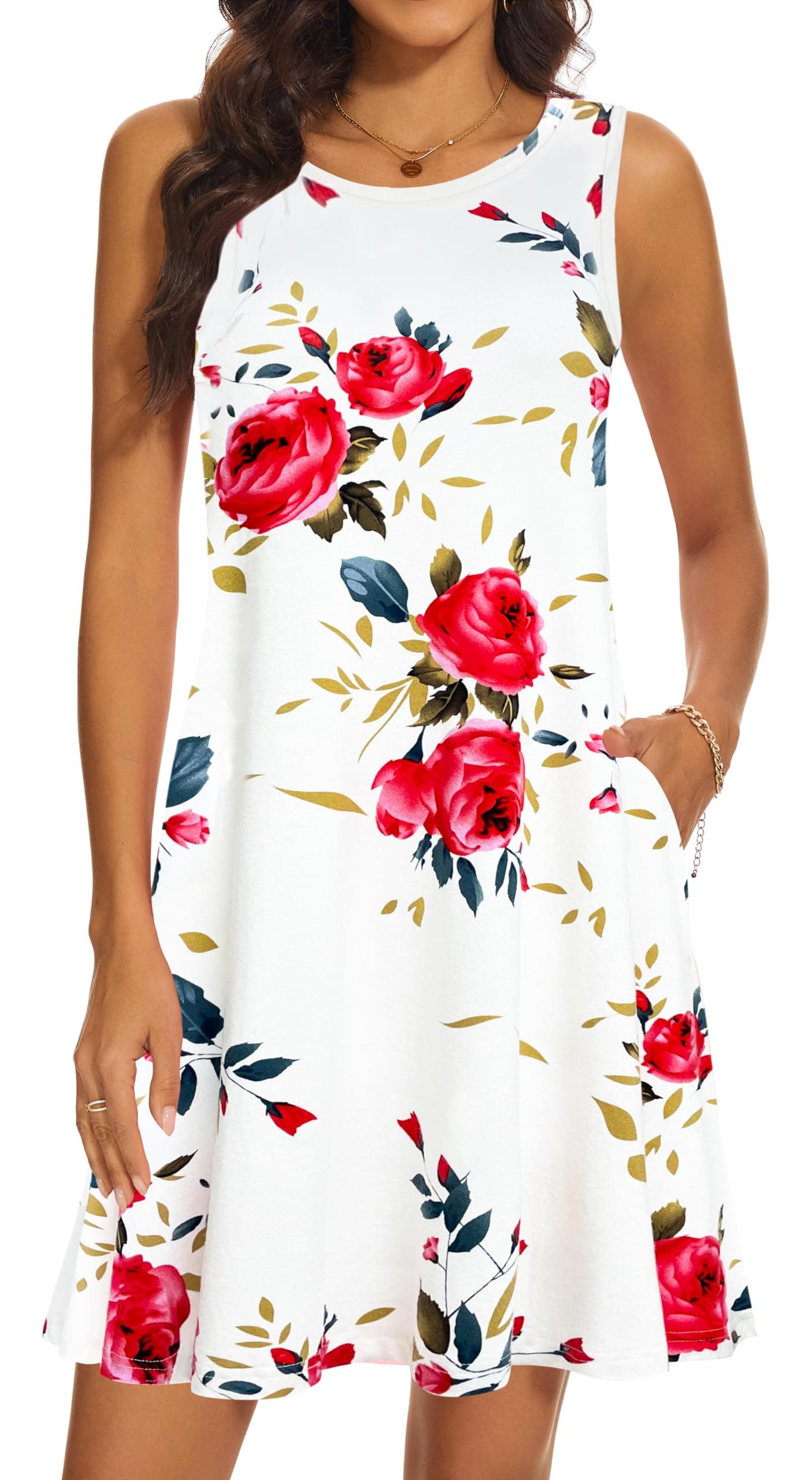 moskill Summer Dresses for Women 2026 Casual Sundresses Beach Cover Ups Sleeveless Tshirt Swing Dress with Pockets, A-white, X-Large