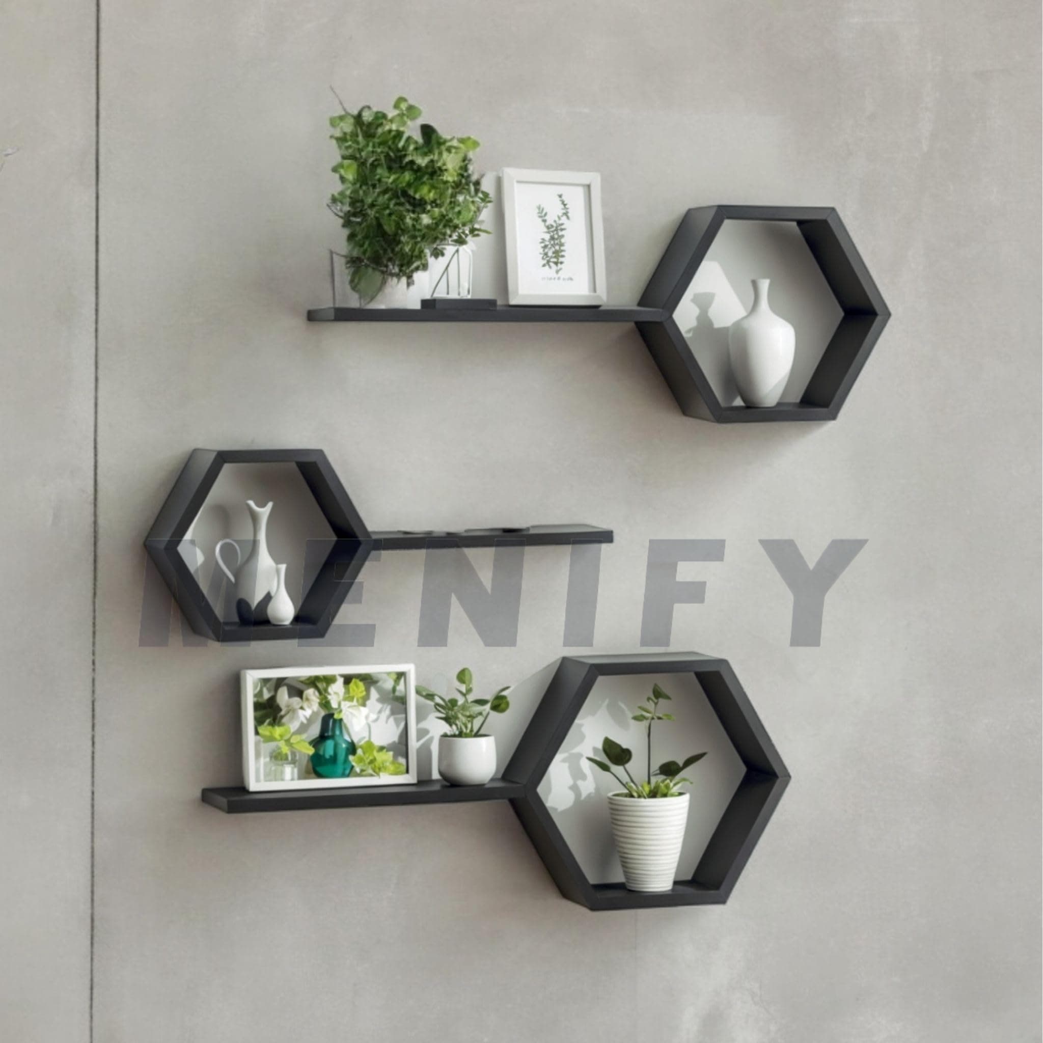 MENIFY | Wooden Hexagonal Shape Wall Hanging Rack Shelf Wall Shelf for Living Room Bedroom Decoration, Bathroom, Kitchen, Dining Room and Any Space That Need A Touch of Elegance