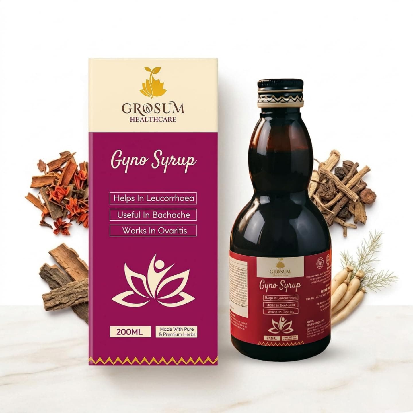 Grosum Gyno Syrup for Women – Ayurvedic Tonic for Leucorrhoea, PCOS & PCOD Care | Supports Irregular Periods, Hormonal Balance & Uterine Health | 200ml