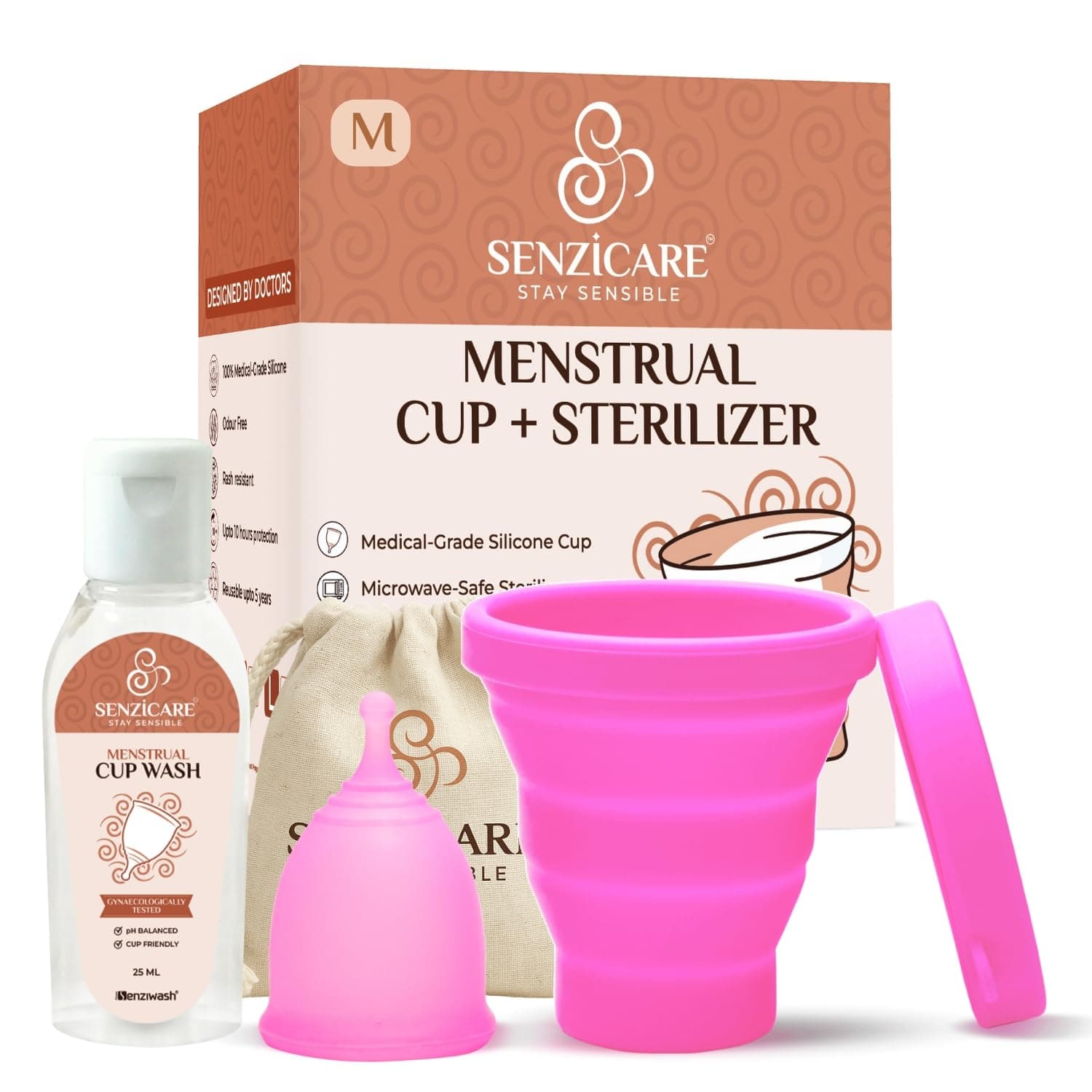 Senzicare Medium Reusable Menstrual Cup with Collapsible Sterilizer & Cup Wash | 10H Leak‑Proof, No Rashes or Odour | Medical‑Grade Silicone, FDA Approved Period Care Combo (Medium)