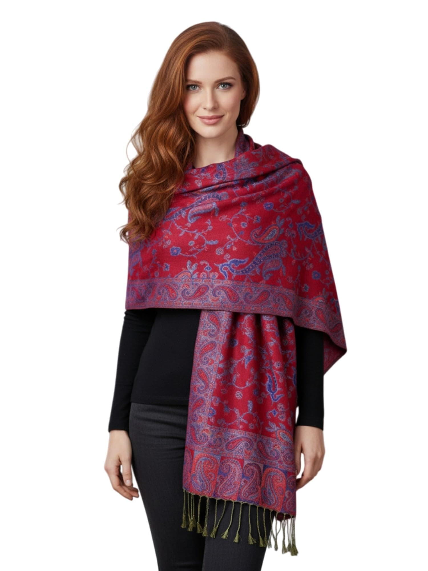 Paskmlna Reversible Paisley Pashmina Shawl Wrap Elegant Colors (#11Red/blue)