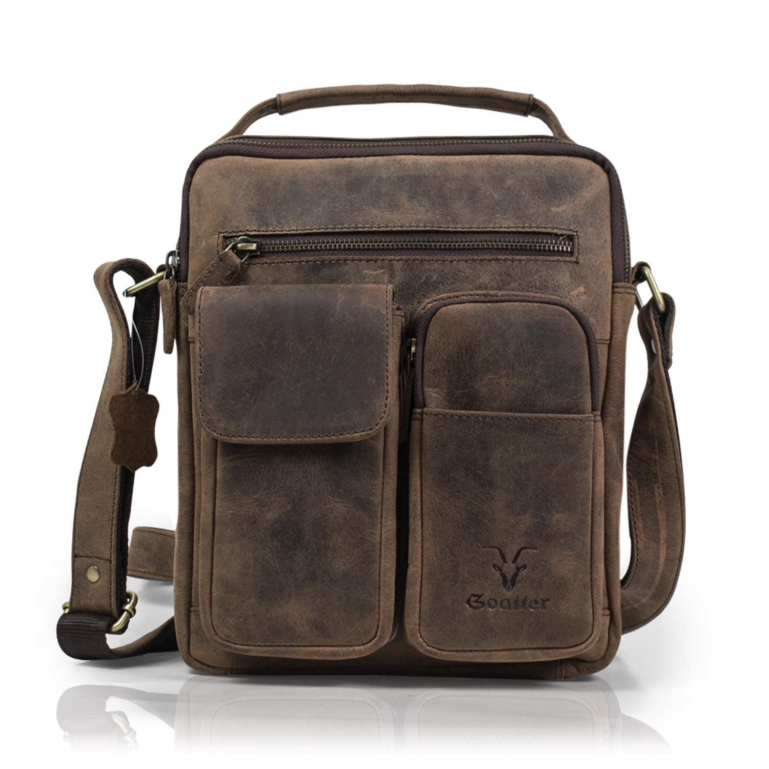 Goatter Hunter Leather 11”Inch Multi Pocket Men's Messenger Bags,