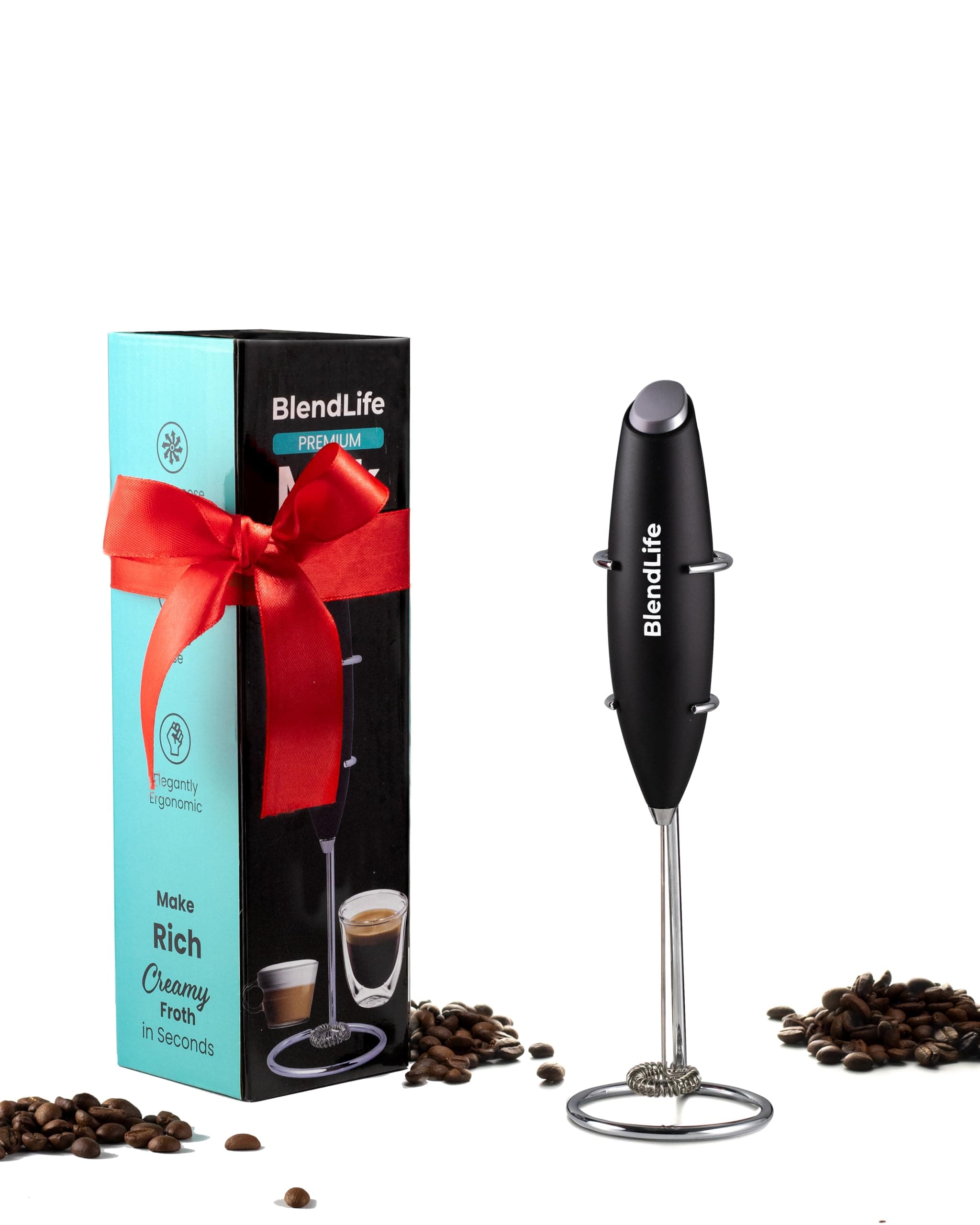 BlendLife Handheld Milk Frother - Battery-Operated Stainless Steel Mixer | for Milk, Coffee, Lattes, Cappuccino, Frappe, Matcha, Hot Chocolate, Egg Beaters | 1-Year Warranty, Black