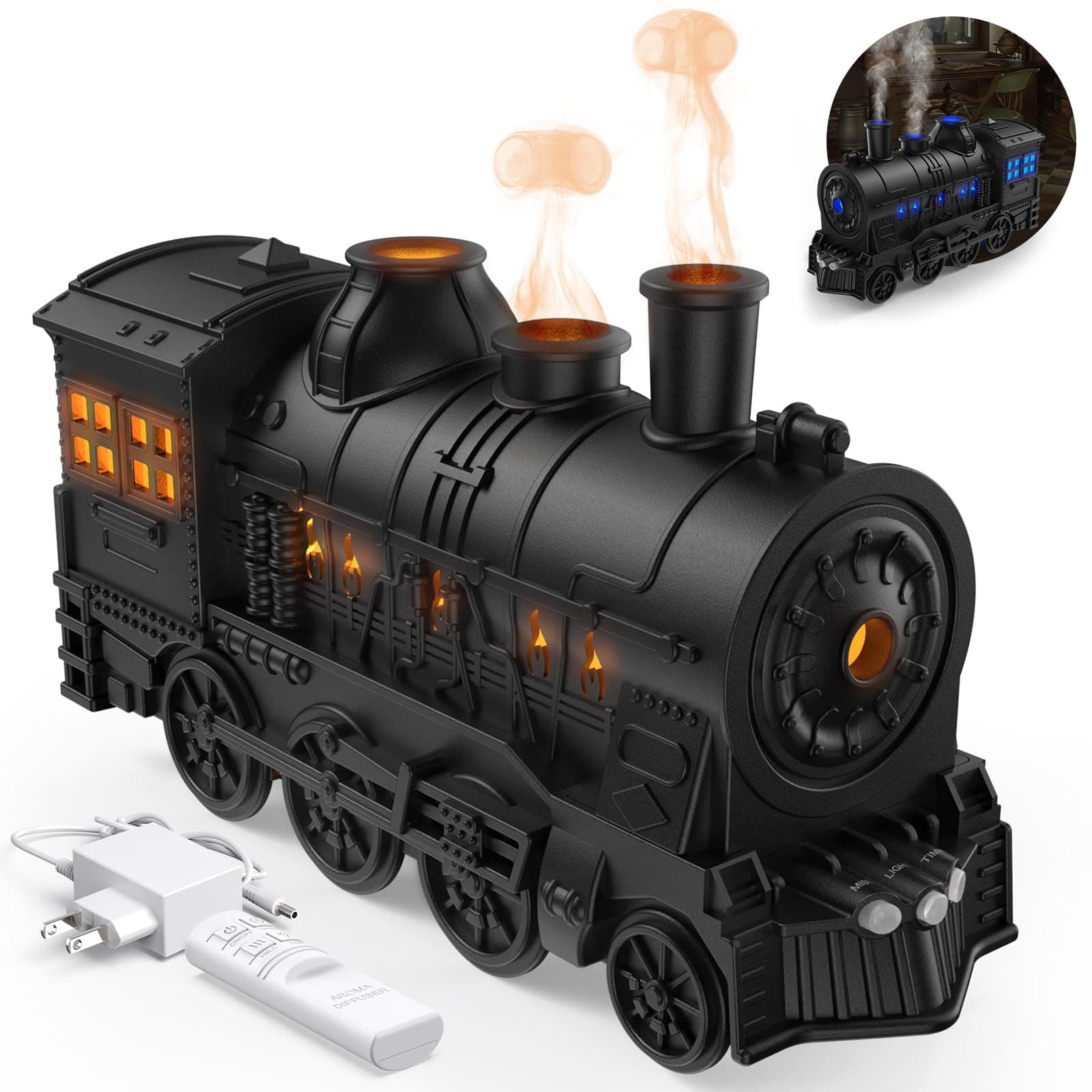 Jeebel Polypropylene (PP) Aroma Diffuser for Essential Oils 300ml Train Diffuser with Train Styling,Flame Effect,Remote Control,EU Plug - Mini Cool Mist Humidifier for Aromatherapy in Bedroom & Office