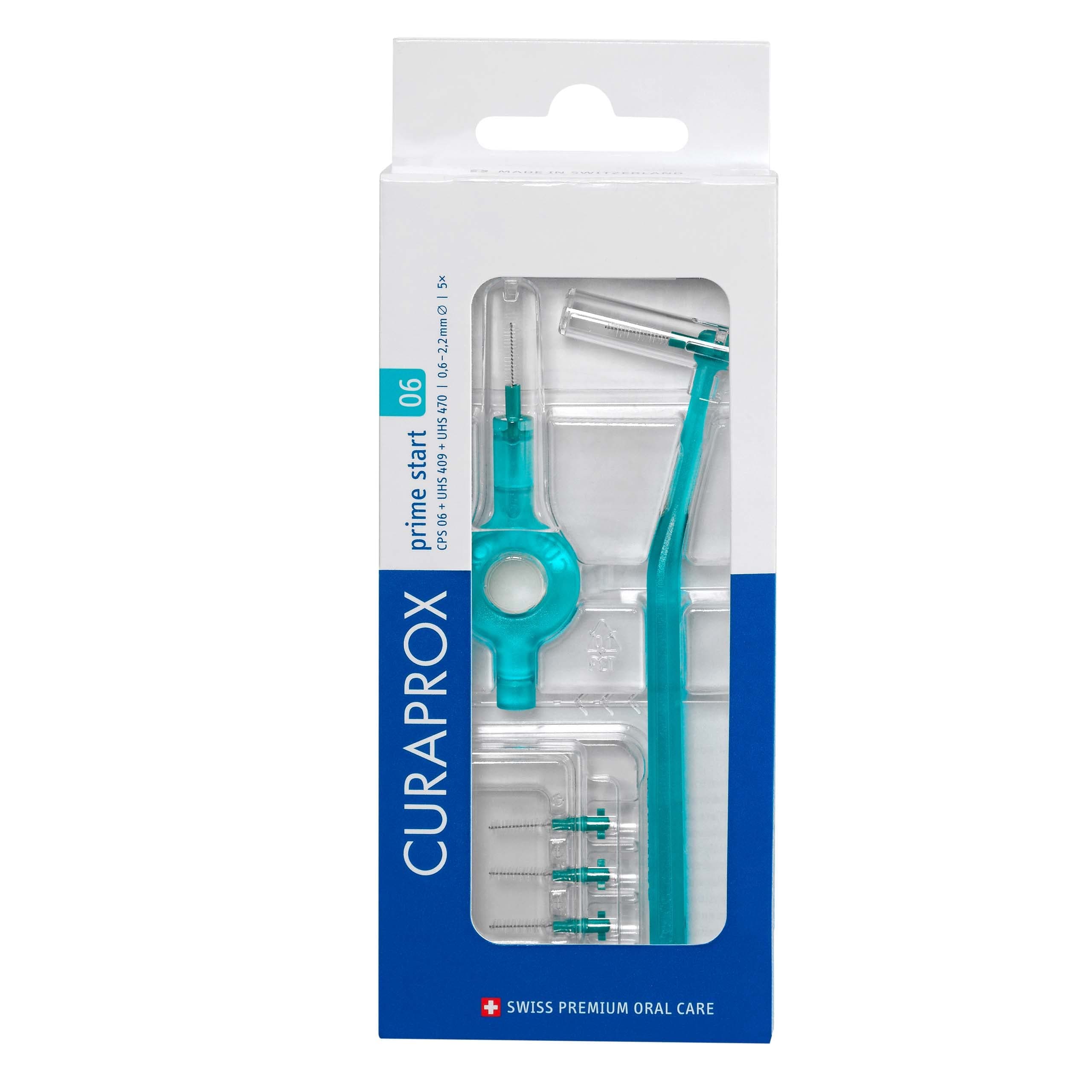 Curaprox interdental Brush Set CPS 06 Prime Start, Starter Set with 5 Brushes, 2 Different Holders, 2.2 mm Effectiveness, Turquoise