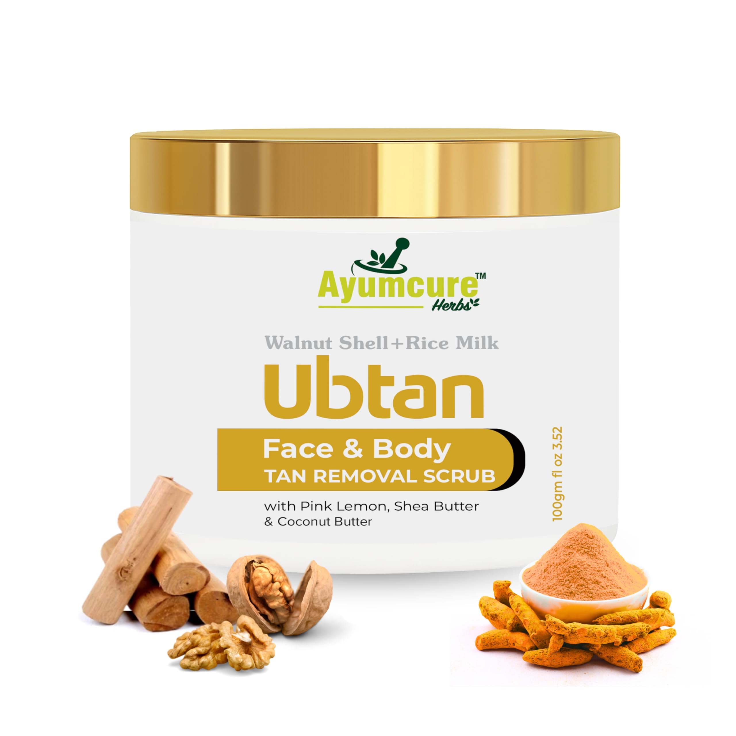 Ayumcure Ubtan Face & Body Tan Removal Scrub for Men & Women | 100gm | With Walnut Shell, Rice Milk, Pink Lemon, Shea & Coconut Butter | Exfoliates, Brightens & Hydrates | Reduces Tan & Dark Spot