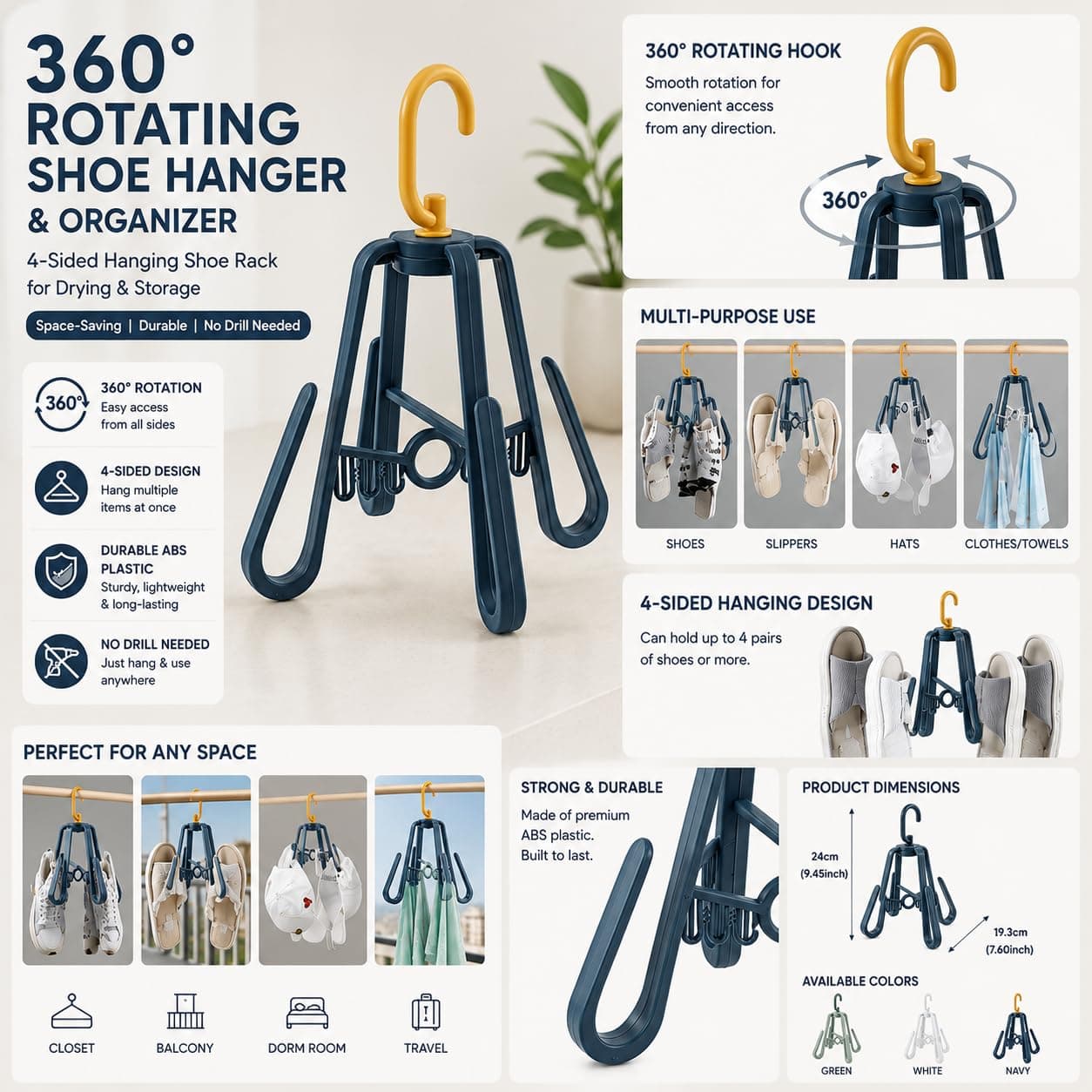 FAVHOME 360° Rotating Shoe Hanger & Organizer | 4-Sided Hanging Shoe Rack for Drying & Storage | Space-Saving Closet Hanger for Home, Balcony, Dorm | Durable ABS Plastic, No Drill Needed