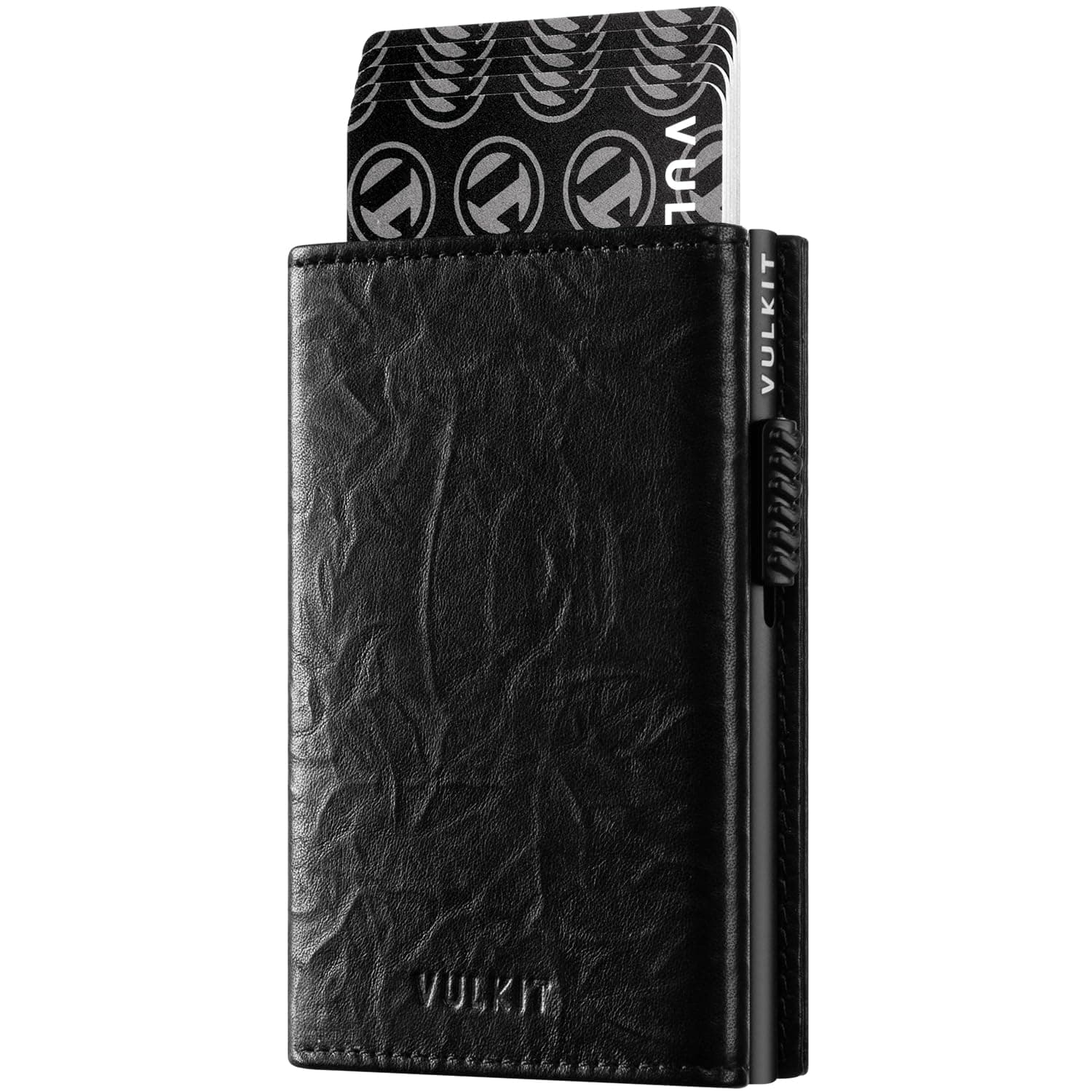 VULKIT Card Holder Wallet with Coin Pocket Magnetic Closure Pop Up Cards With ID Window Leather Wallet for Cash & Credit Cards, Handcrafted Hammered Style - Black, Small, Minimalist