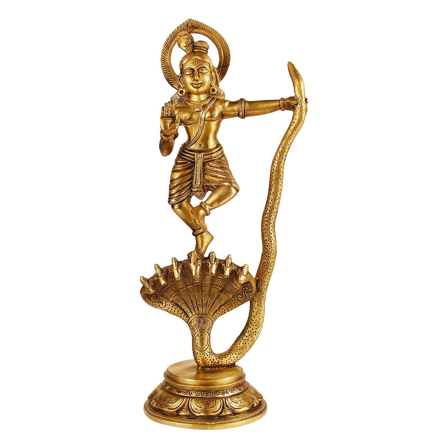 Kartique Brass Krishna Idol | Kaliya Daman - Lord Krishna Dancing on the Hood of Kaliya Naga Statue/Showpiece/Home Decor/Idols 12 Inch
