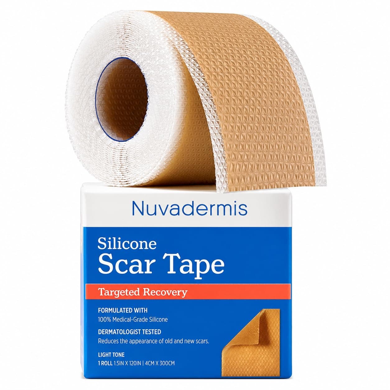 NUVADERMIS Silicone Scar Tape for Surgical Scars - 60" x 1.5" Roll - Extra Long Scar Sheets for C-Section, Tummy Tuck, Keloid, and Surgical Scars - Reusable Medical Grade Silicone Scar Tape