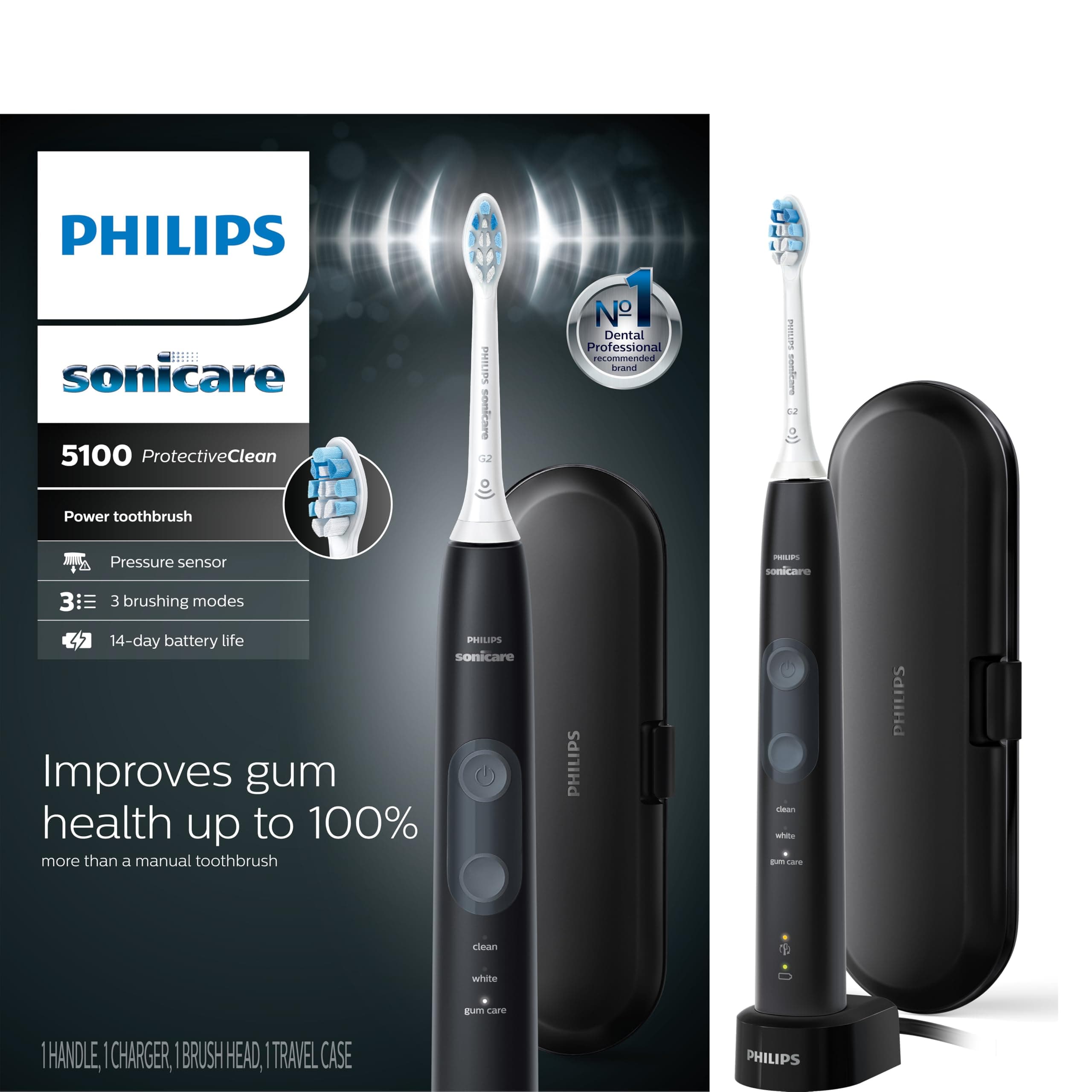 SONICARE Philips Protectiveclean 5100 Gum Health, Rechargeable Electric Toothbrush With Pressure Sensor, Black Hx6850/60, 1 Count - Adult