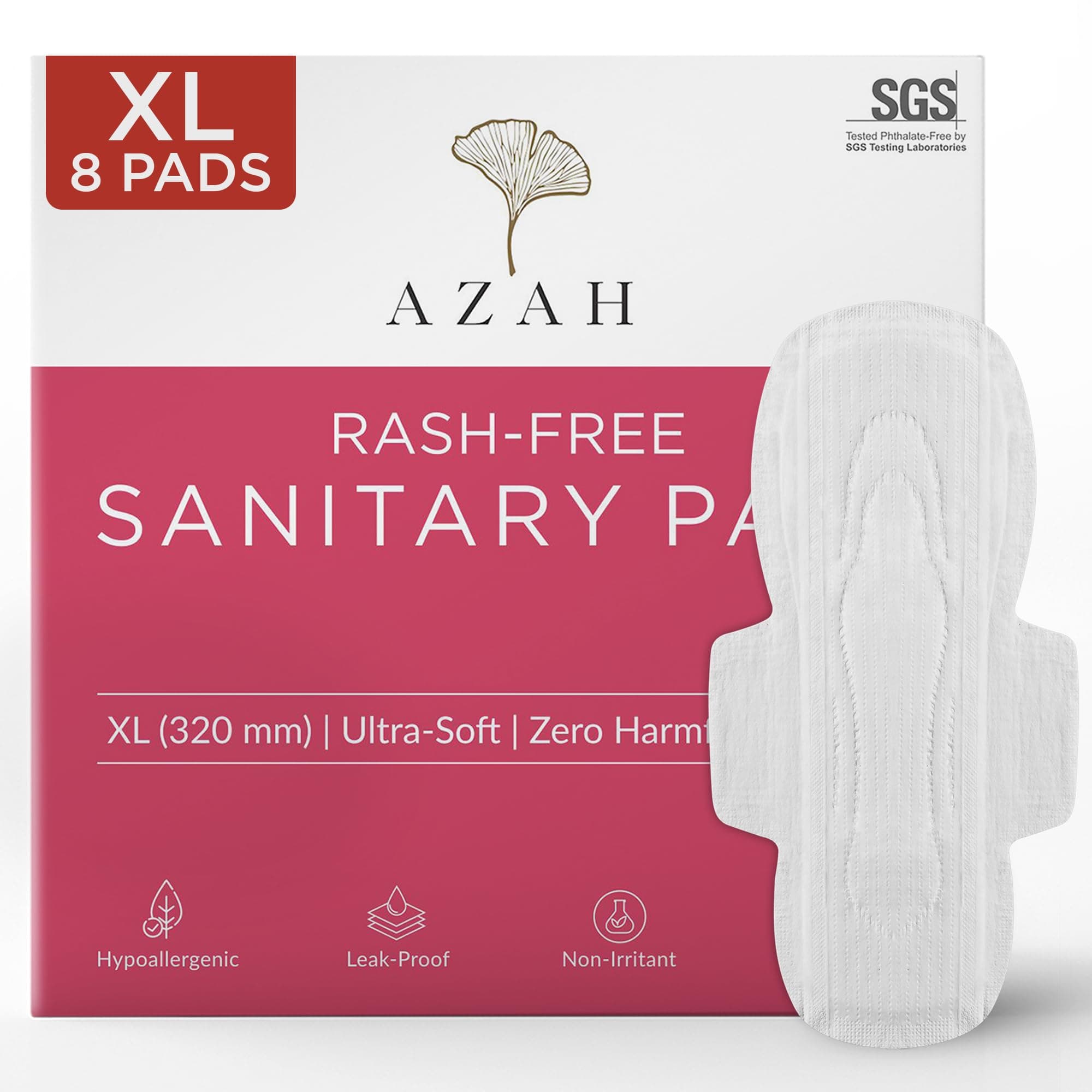 AZAH Sanitary Pads for Women XL [Pack of 8] 100% Rash-Free sanitary napkins | 3x More Absorption, Cottony Soft and Dry Top Cover for heavy Flow | Toxin Free, Locks Odour, Leak-Proof