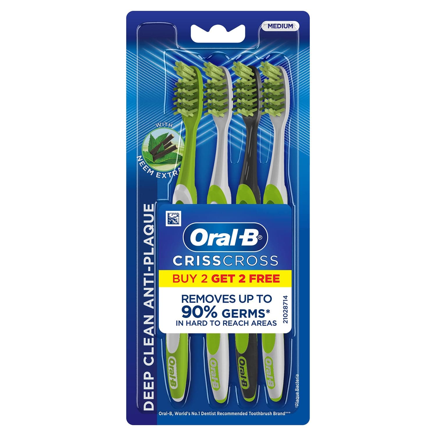Oral-B Criss Cross Adult Manual Toothbrush With Neem Extract, Medium (Buy 2 + 2 Free), Green