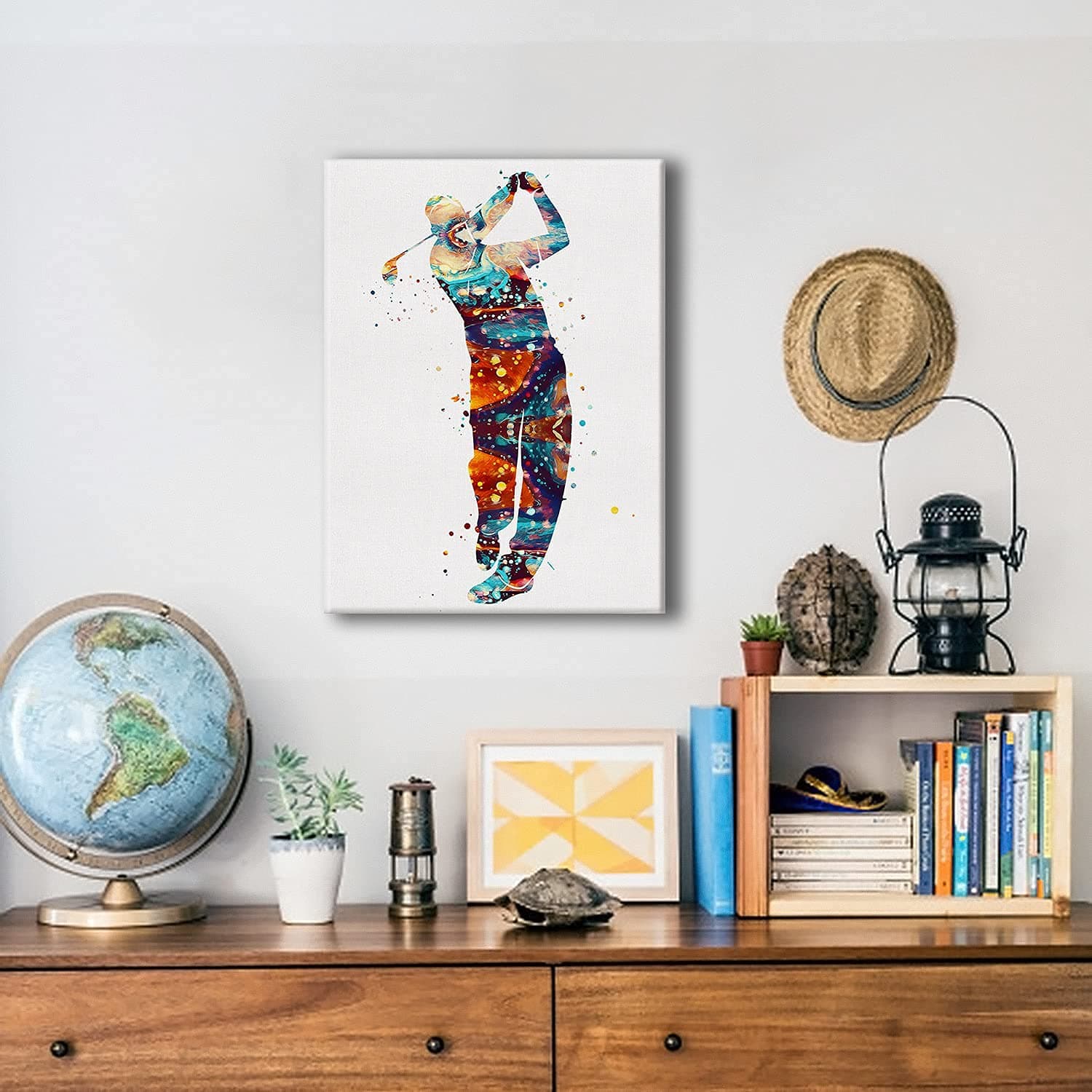Hijie Golf Player Watercolor Poster Canvas Wall Art for Home Office Decor - Golf Sports Canvas Print Wall Art Painting Ready to Hang Golfer Gifts - Easel & Hanging Hook 12x15 Inch
