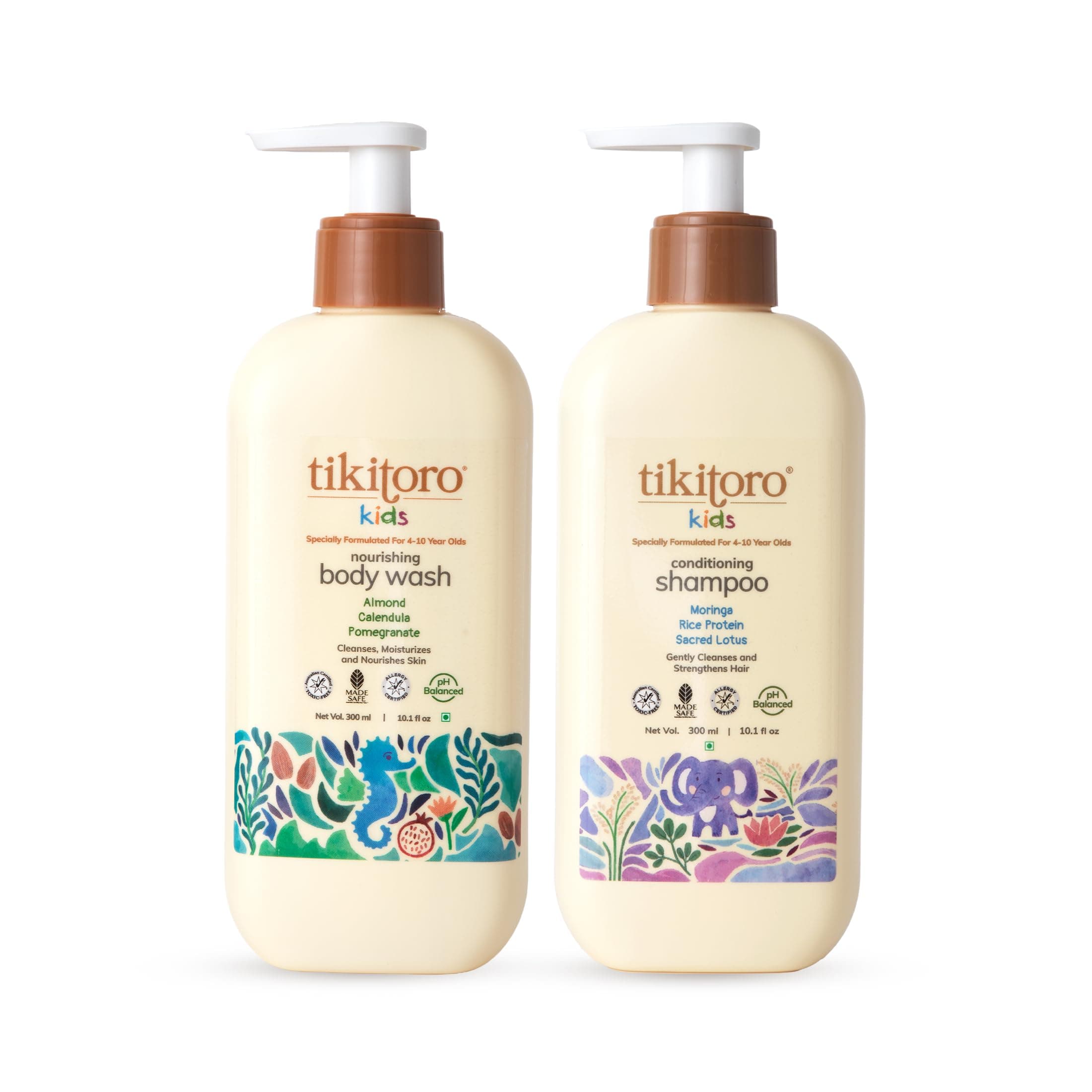 Tikitoro Kids Daily Essentials Combo,100% Vegan Nourishing Body Wash & Conditioning Shampoo, No Parabens & Sulphates (Age: 4+ Years) (300 ml x 2)