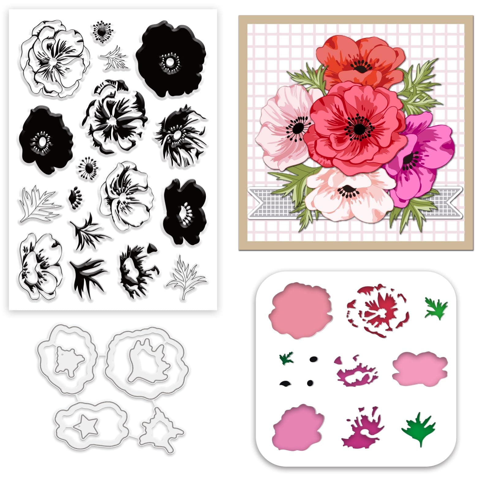 INFUNLY Anemone Clear Stamps and Dies Set Anemone Flowers Painting Stencils Layered Flowers Stamps and Cutting Dies Leaves Silicone Stamp Anemone Wall Stencils for DIY Craft Scrapbooking Home Decor
