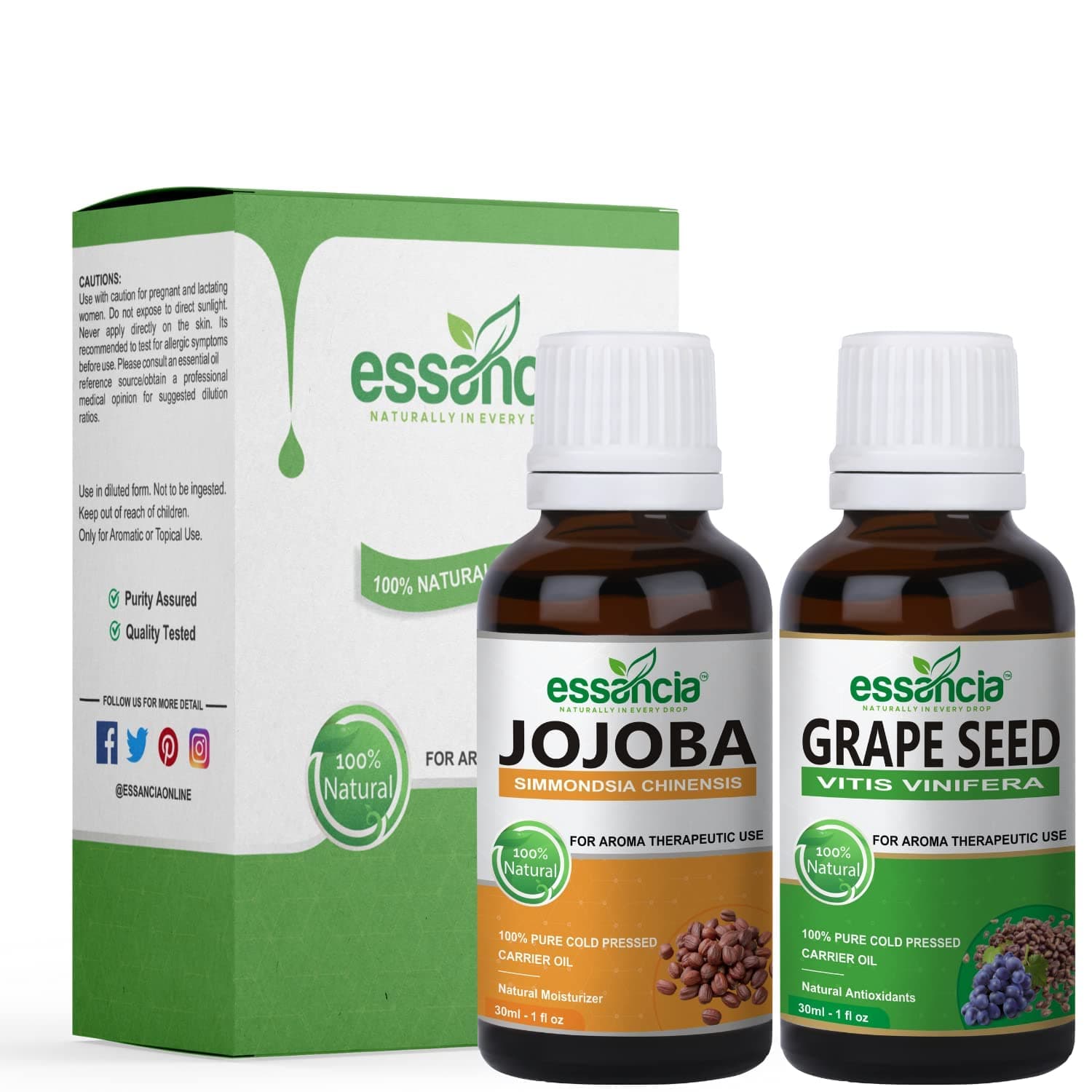essancia - NATURALLY IN EVERY DROP Natural, Organic, & Pure Cold Pressed Carrier Oils Jojoba & Grapeseed Oils Combo Set - Pack of 2