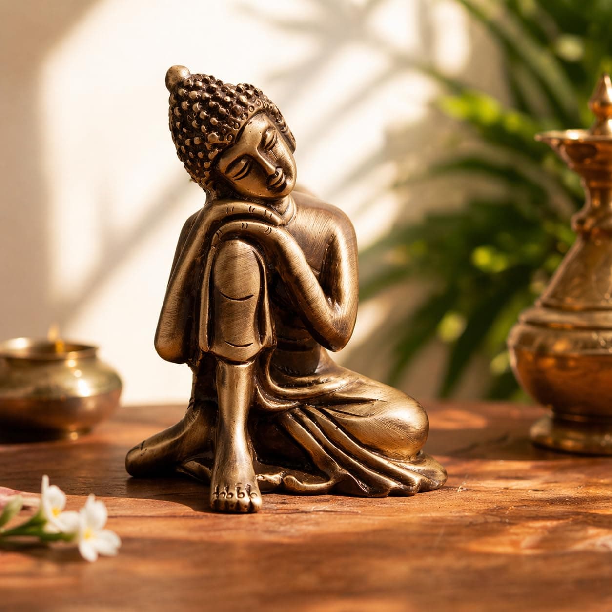 Two Moustaches 100% Pure Brass Buddha Resting Showpiece, Weight - 400 Grams Brass, Showpiece for Home Decor, Home Decor Items, Buddha Statues for Living Room, House Warming Gifts, Antique Decor