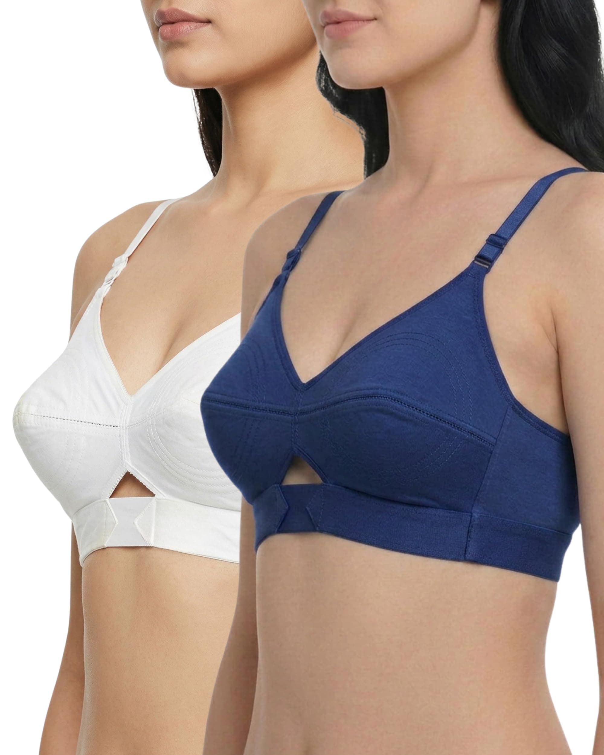 Brida Kavya Xtra Soft Cotton Round Stitch Bra for Women | Full Coverage | Non-Padded | Wireless | Double Layer Support | Heavy Bust | Combo Pack | Colours May Vary (White,Navy Blue,36,B) 2 Combo