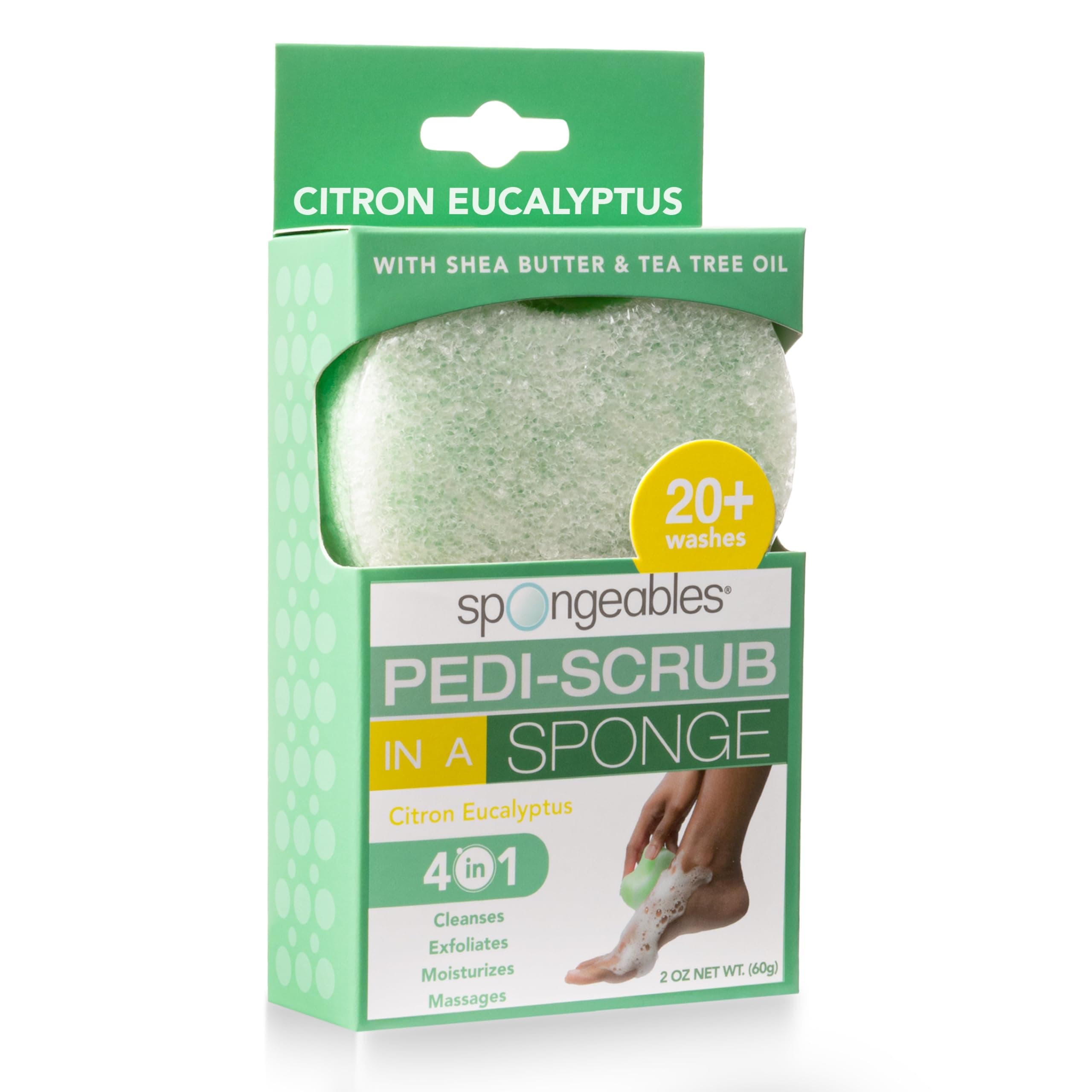 Spongeables Pedi-Scrub Foot Buffer, Citron Eucalyptus, Contains Shea Butter and Tea Tree Oil, Foot Exfoliating Sponge with Heel Buffer and Pedicure Oil, 5+ Washes, Pack of 1