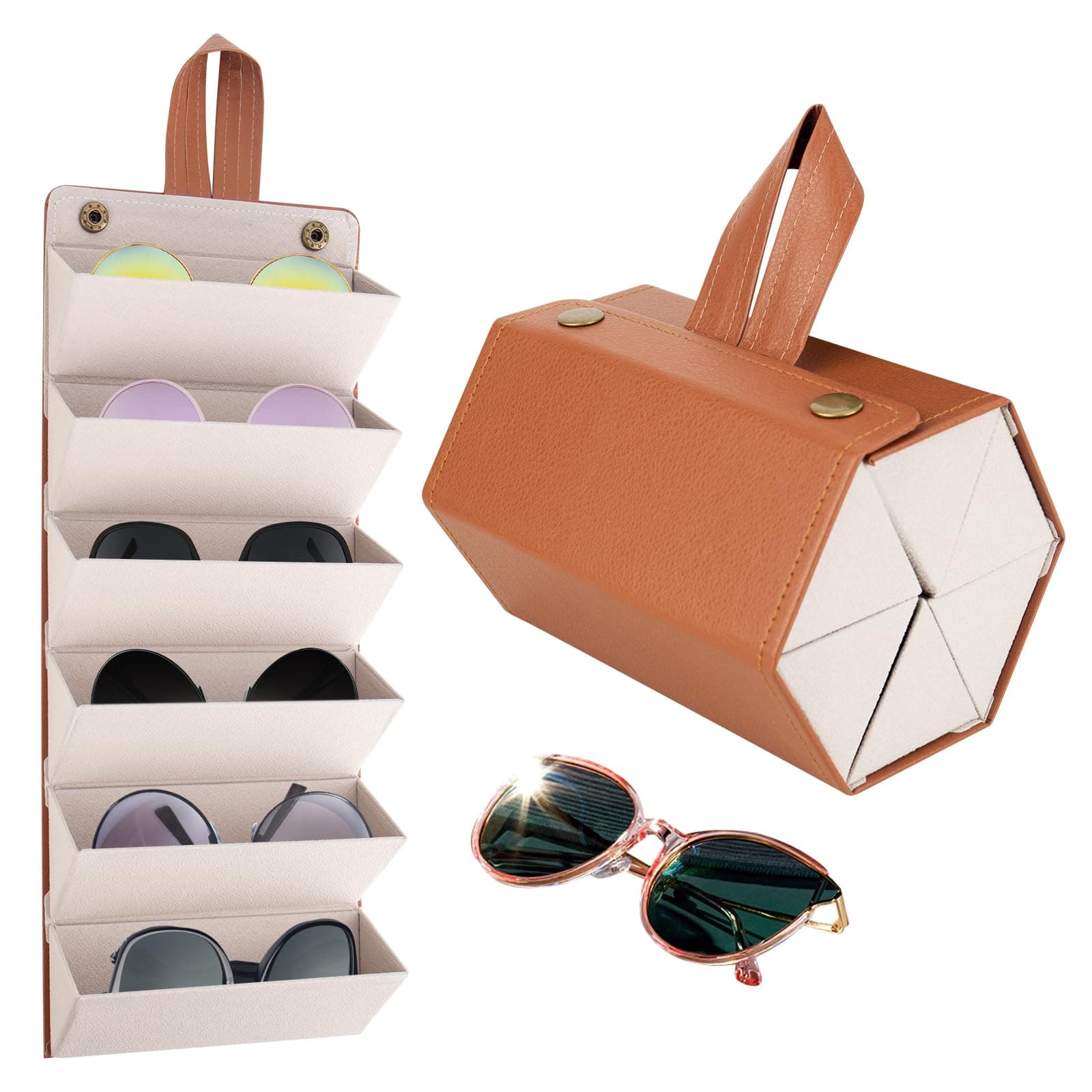 CTDMJ Sunglasses Travel Case, 6-Slot Glasses Storage Box, Foldable Glasses Storage Case, PU Leather Eyewear Storage Box, Multiple Travel Sunglasses Organizer Case, Hanging Glasses Case for Women Men,