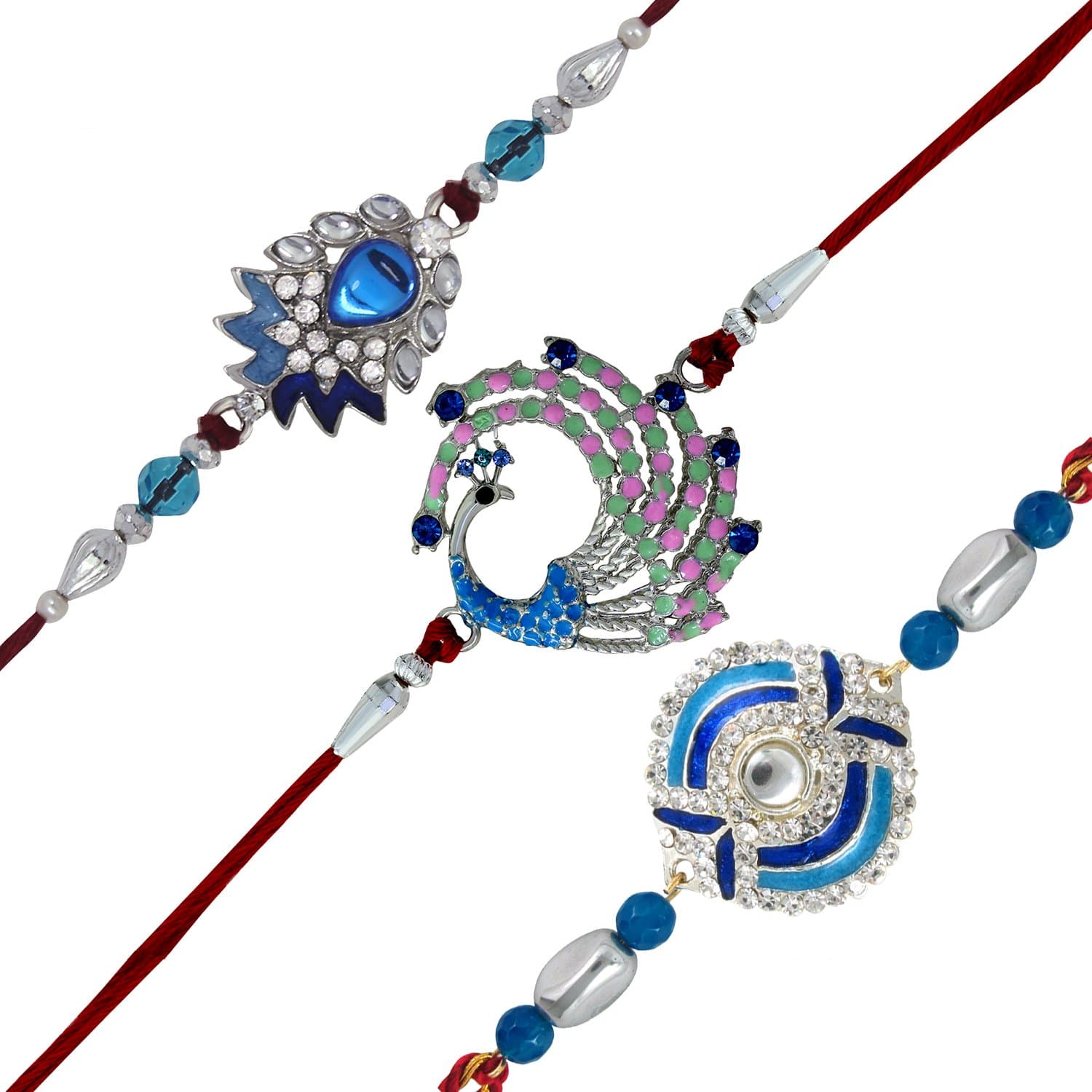 Mahi Rakhi Set for Brother of 3 Meena Work Peacock-Themed Blue Rakhi for Brother, Bhaiya, Bhai CO1104639R