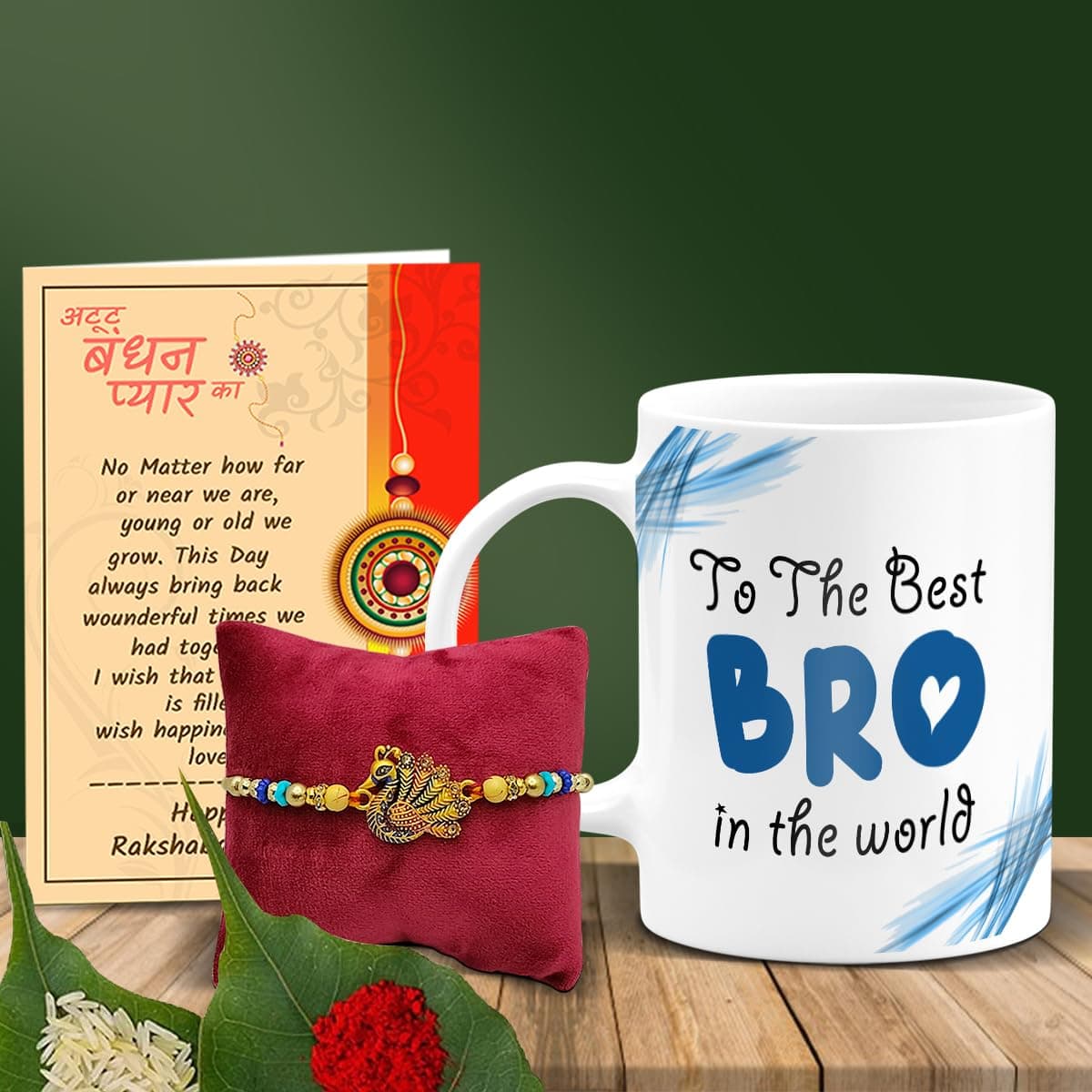 SKYTRENDS Rakhi Gift for Brother Printed Coffee Mug with Rakhi, Greeting Card, Roli, chawal-056